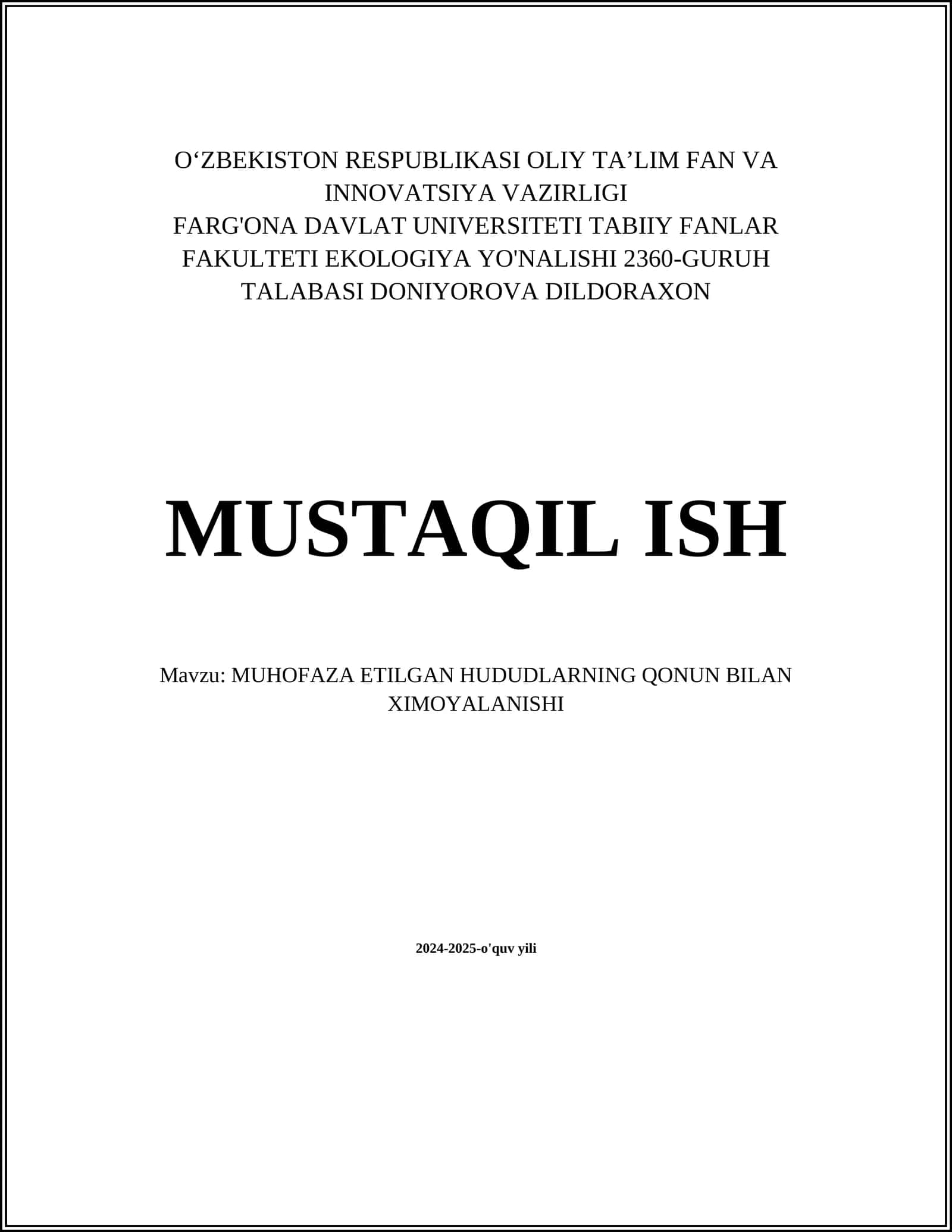 MUHOFAZA ETILGAN HUDUDLARNING QONUN BILAN XIMOYALANISHI