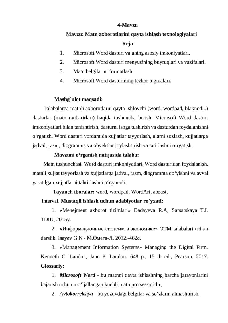 Matn axborotlarini qayta ishlash texnologiyalari