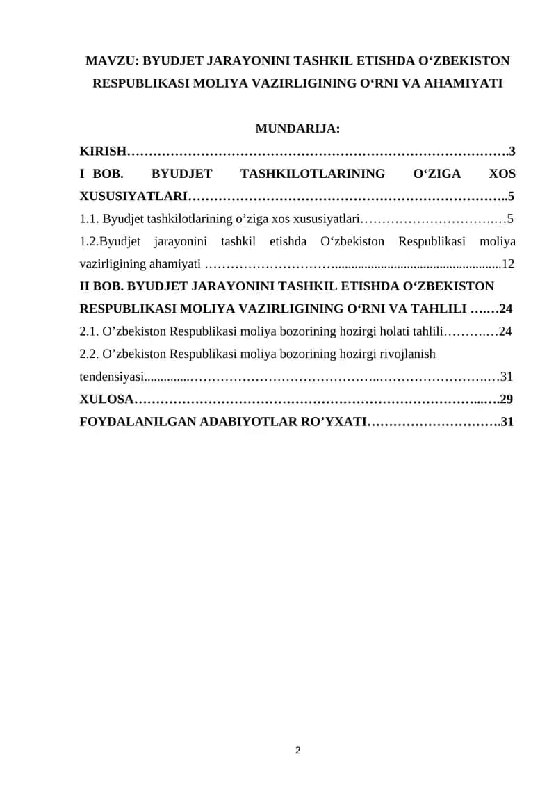 BYUDJET JARAYONINI TASHKIL ETISHDA OʻZBEKISTON RESPUBLIKASI MOLIYA VAZIRLIGINING OʻRNI VA AHAMIYATI