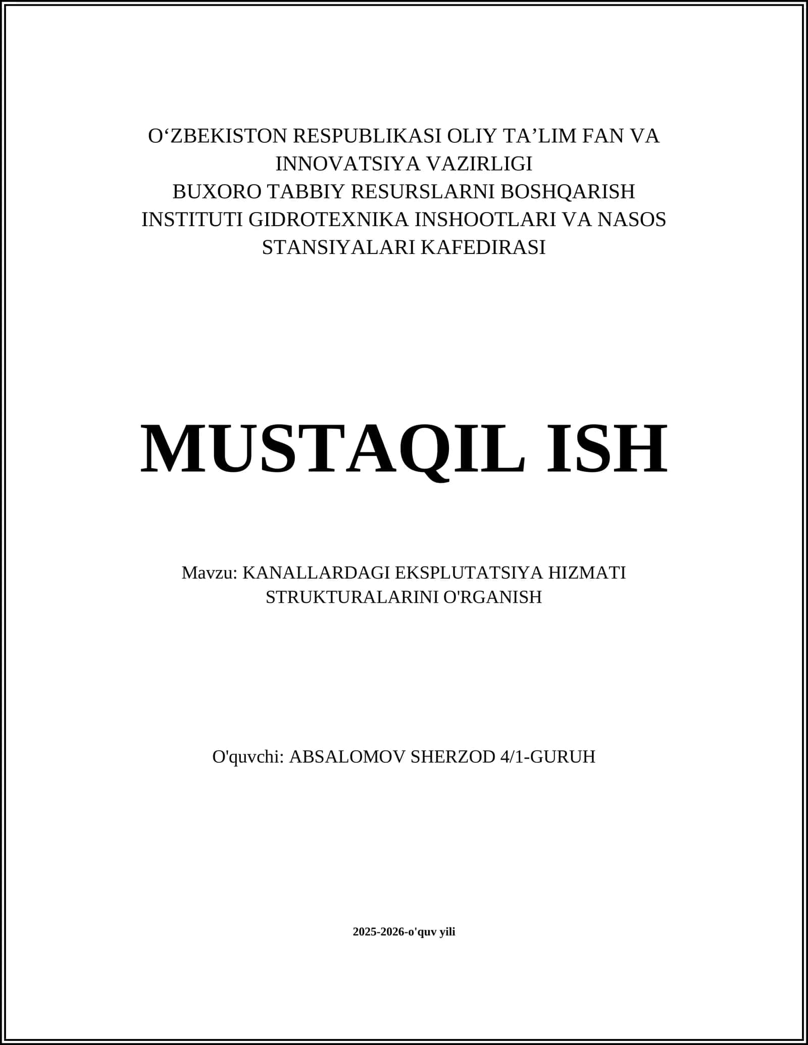 KANALLARDAGI EKSPLUTATSIYA HIZMATI STRUKTURALARINI O'RGANISH