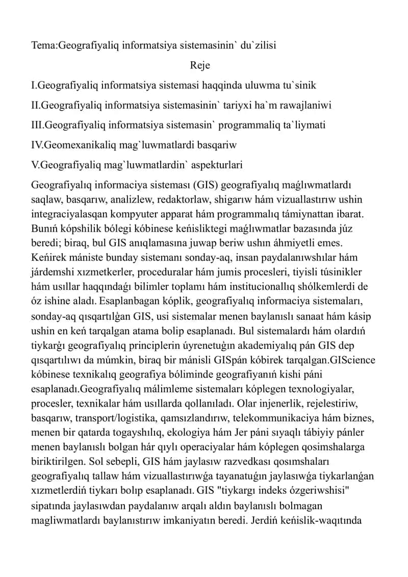 Geografiyaliq informatsiya sistemasinin` du`zilisi