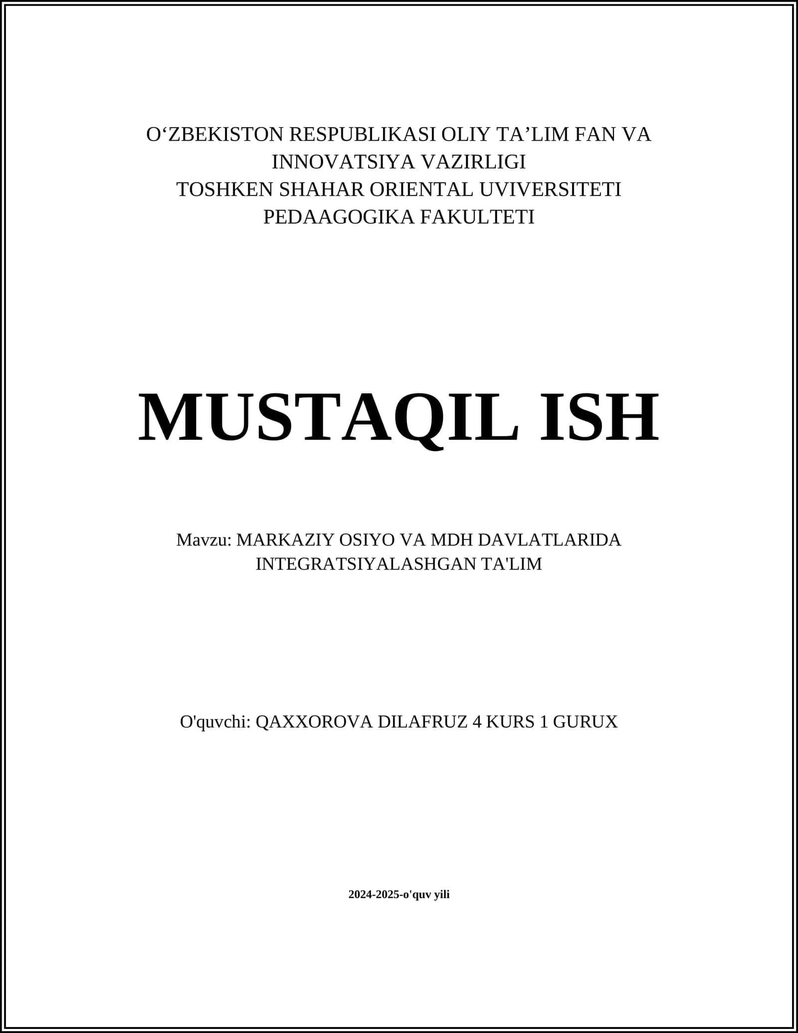 MARKAZIY OSIYO VA MDH DAVLATLARIDA INTEGRATSIYALASHGAN TA'LIM