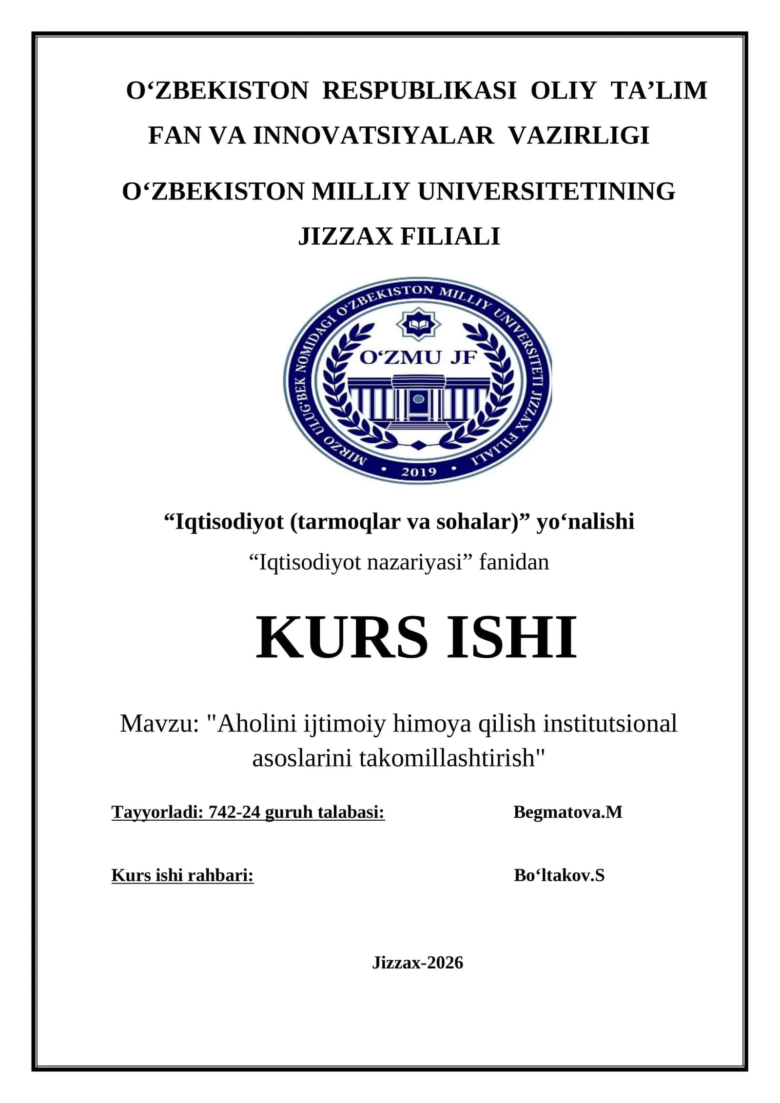 Aholini ijtimoiy himoya qilish institutsional asoslarini takomillashtirish