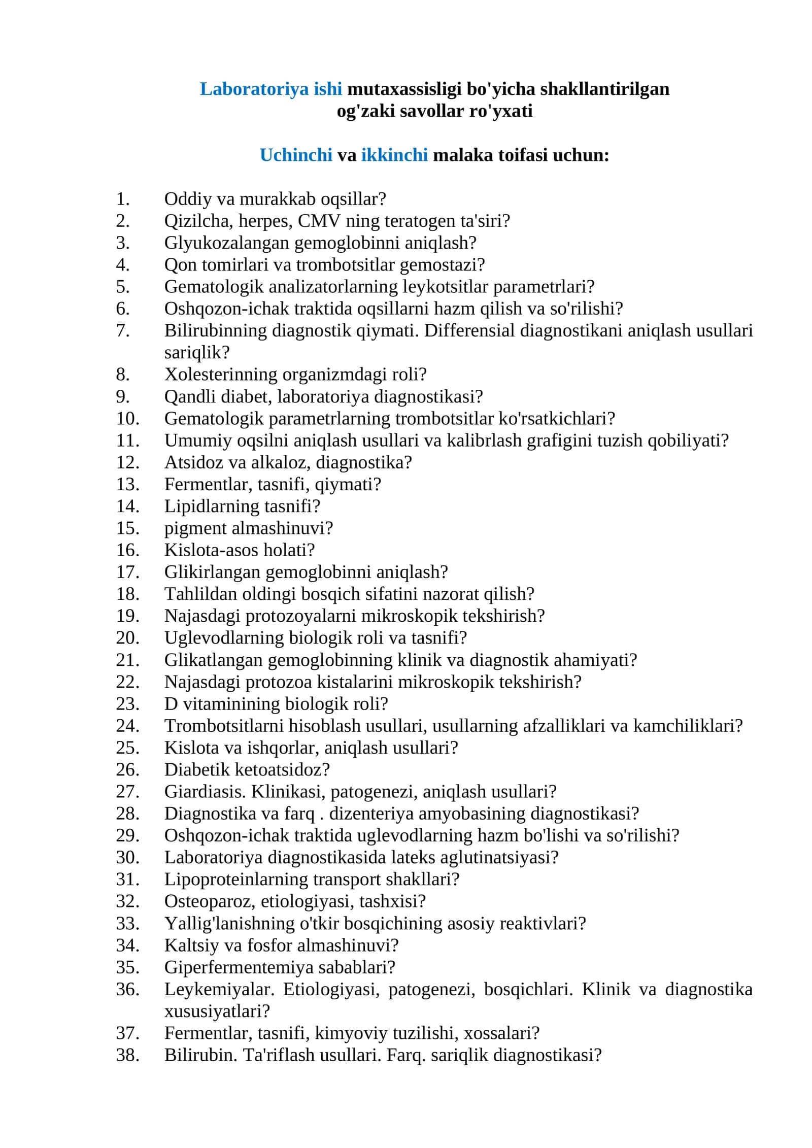 Laboratoriya ishi mutaxassisligi bo'yicha shakllantirilgan Og'zaki savollar ro'yxati