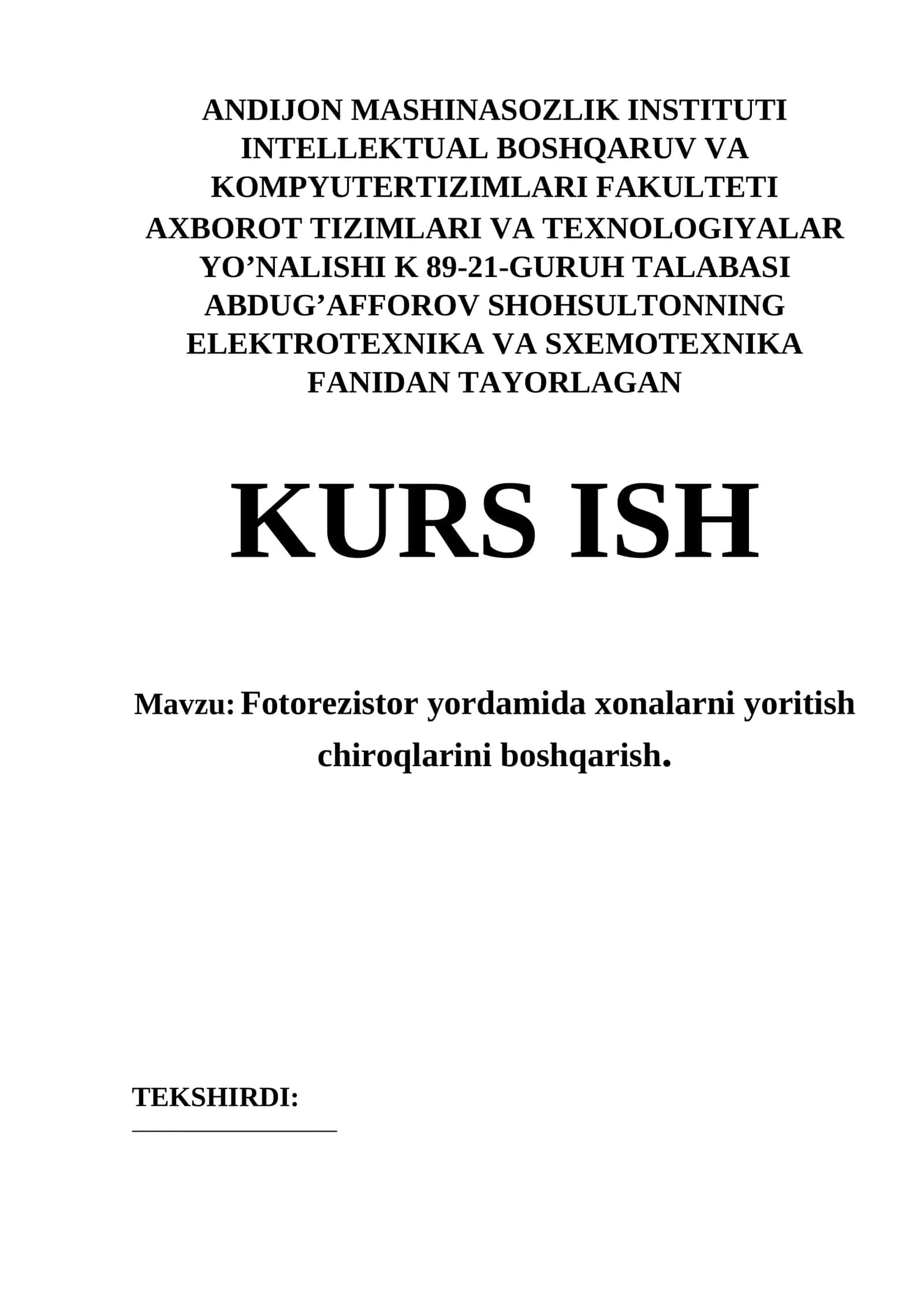 Fotorezistor yordamida xonalarni yoritish chiroqlarini boshqarish