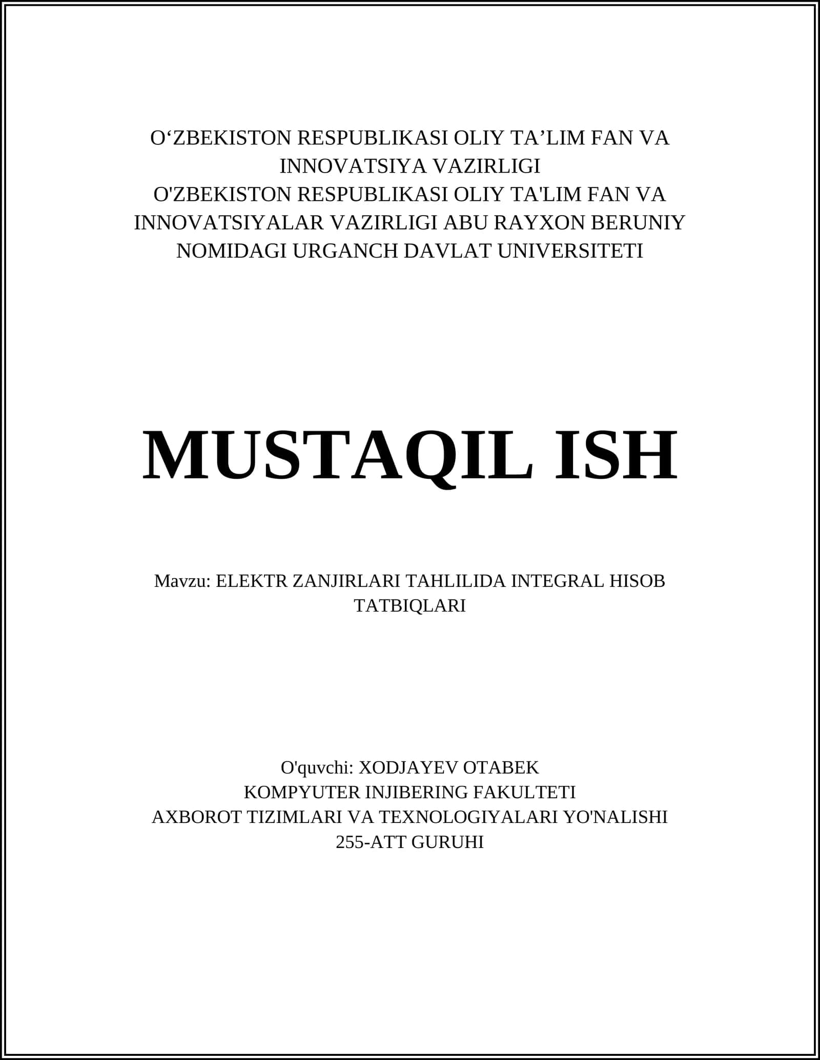 ELEKTR ZANJIRLARI TAHLILIDA INTEGRAL HISOB TATBIQLARI