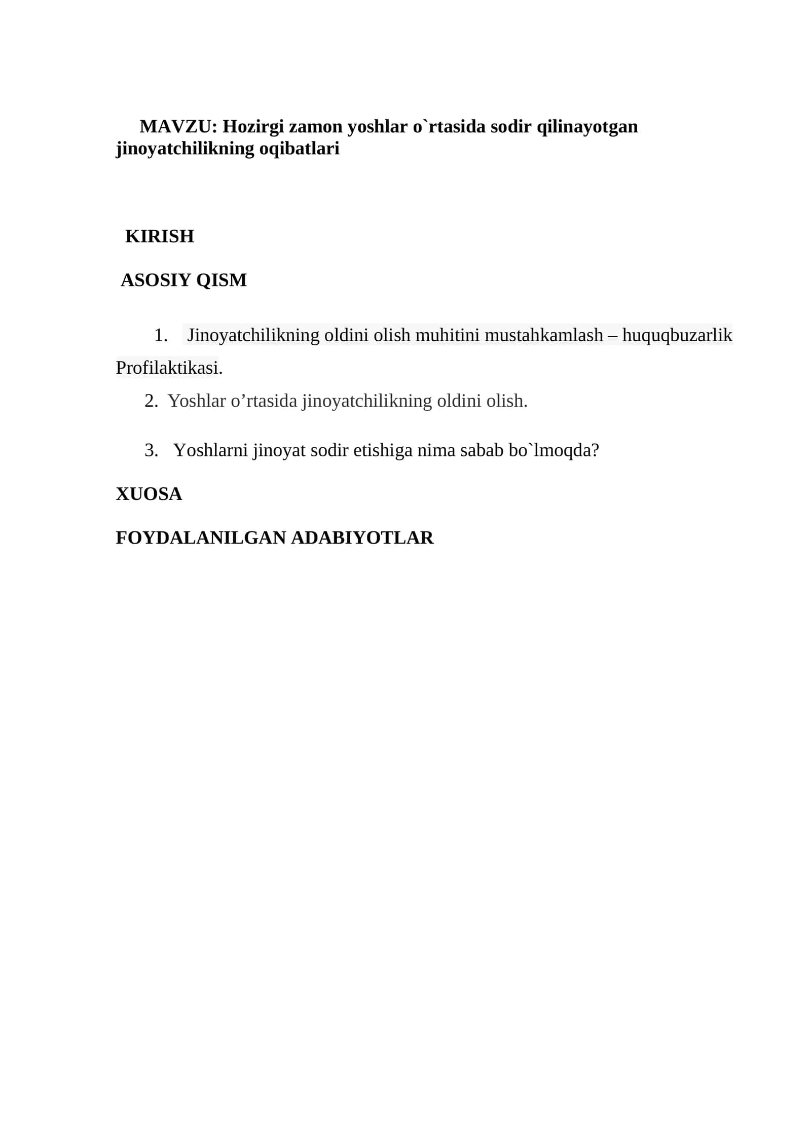 Hozirgi zamon yoshlar o`rtasida sodir qilinayotgan jinoyatchilikning oqibatlari