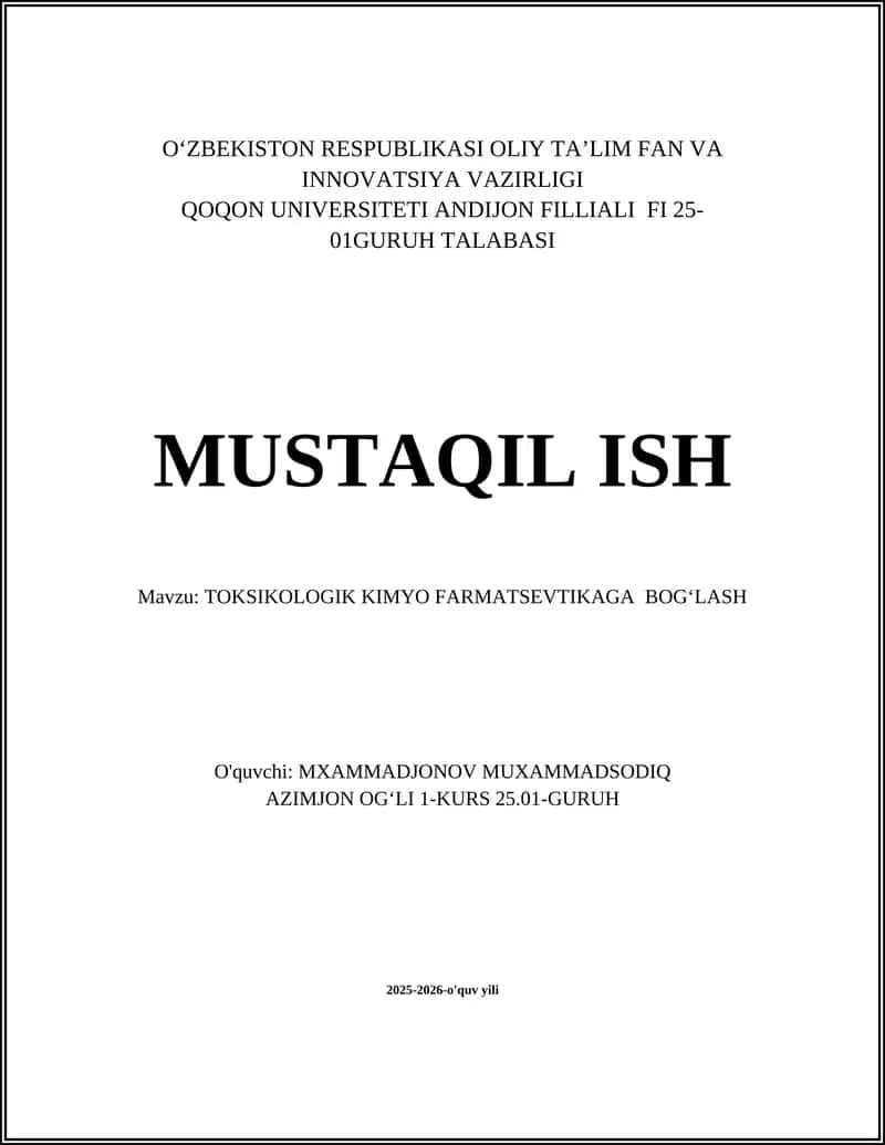 TOKSIKOLOGIK KIMYO FARMATSEVTIKAGA BOGʻLASH