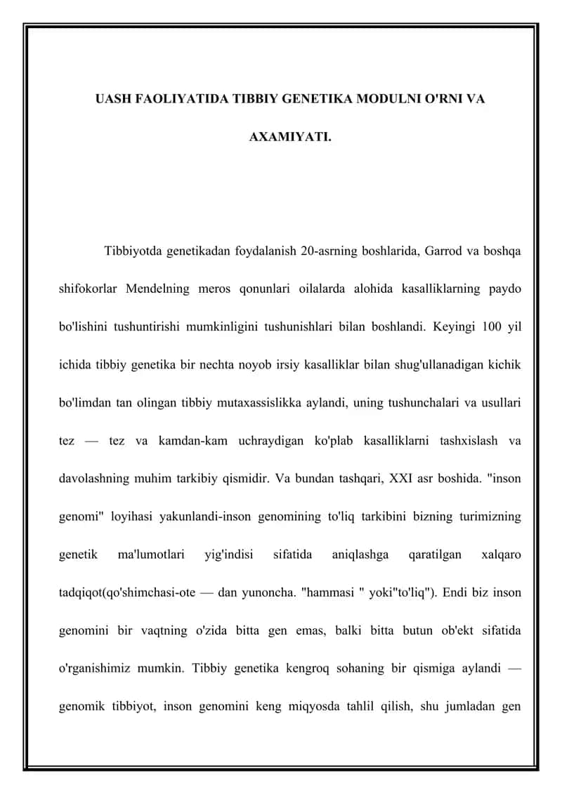 UASH FAOLIYATIDA TIBBIY GENETIKA MODULNI O'RNI VA AXAMIYATI