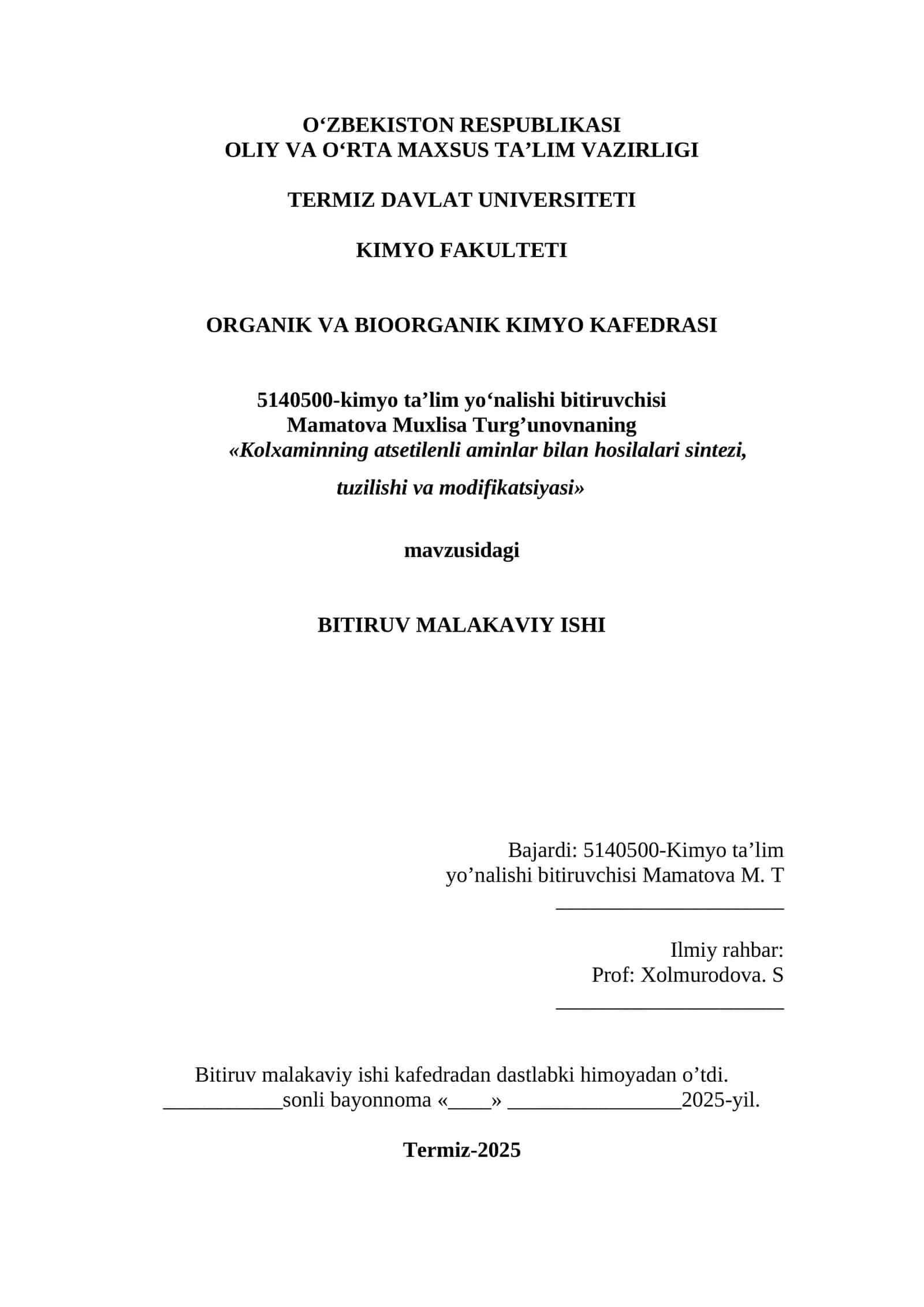 Kolxaminning atsetilenli aminlar bilan hosilalari sintezi, tuzilishi va modifikatsiyasi