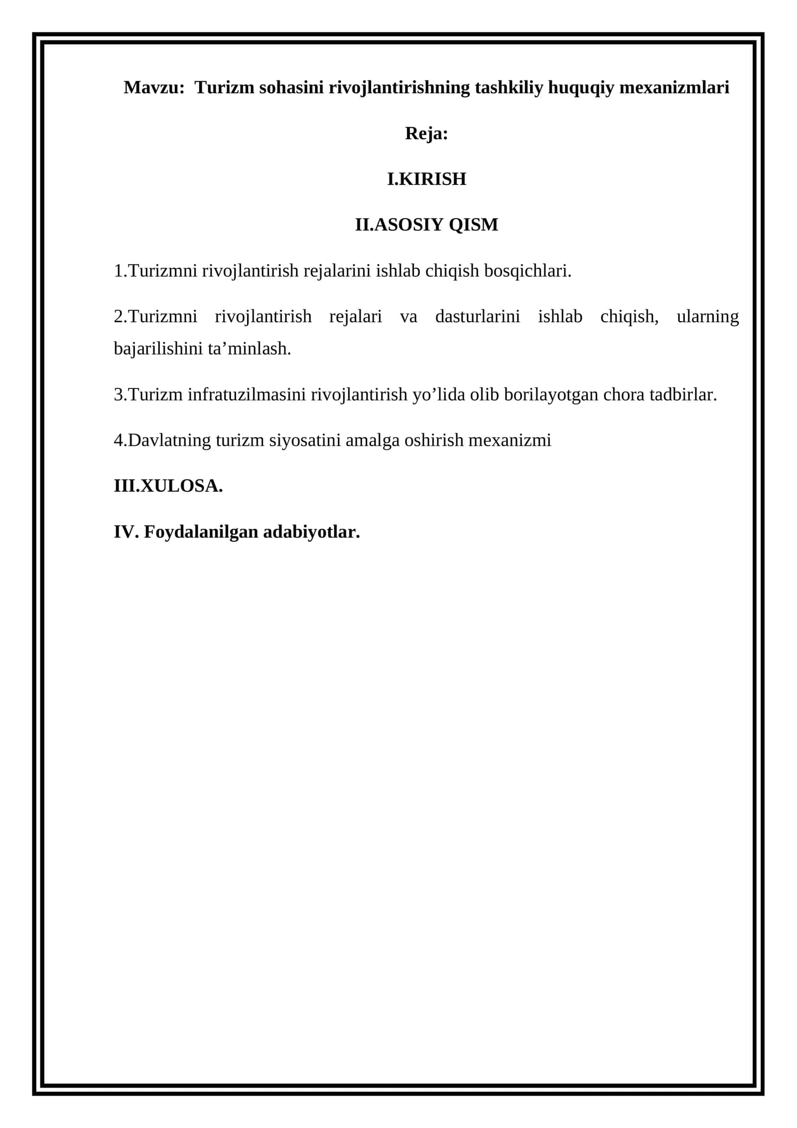 Turizm sohasini rivojlantirishning tashkiliy huquqiy mexanizmlari