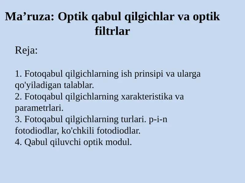 Optik qabul qilgichlar va optik filtrlar