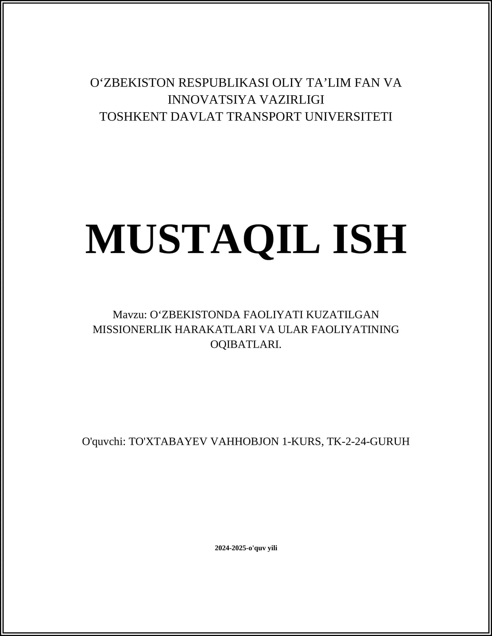 Missionerlik Harakatlari O‘zbekistonda