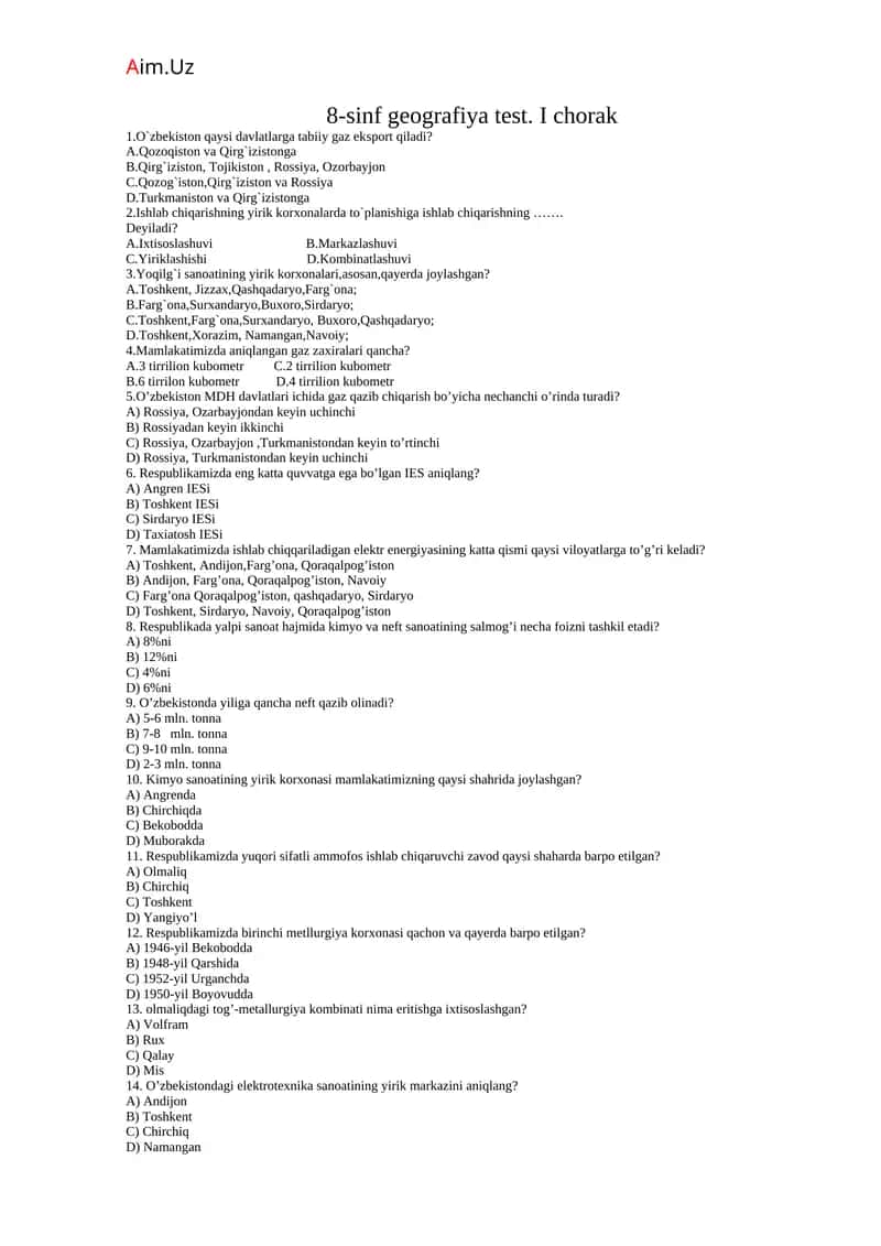 8-sinf geografiya test. I chorak