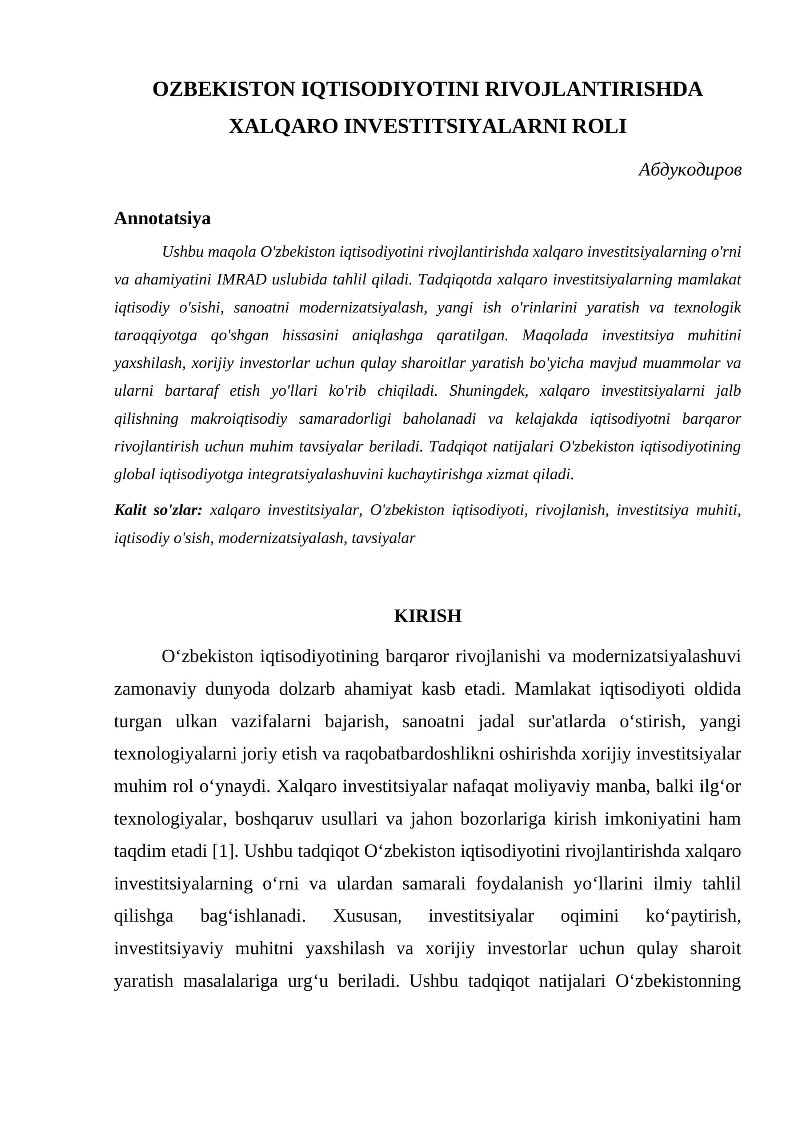 OZBEKISTON IQTISODIYOTINI RIVOJLANTIRISHDA XALQARO INVESTITSIYALARNI ROLI