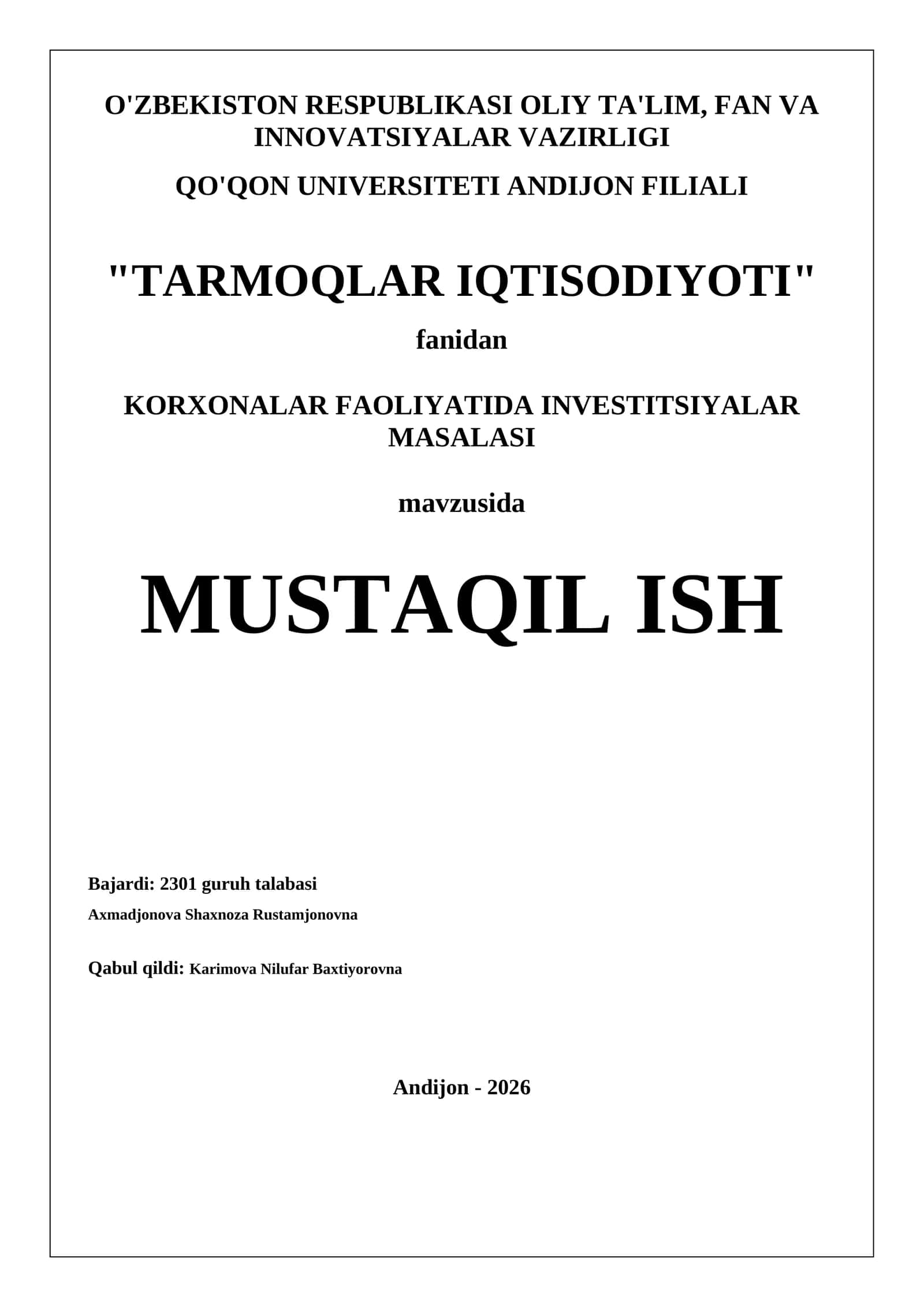 KORXONALAR FAOLIYATIDA INVESTITSIYALAR MASALASI