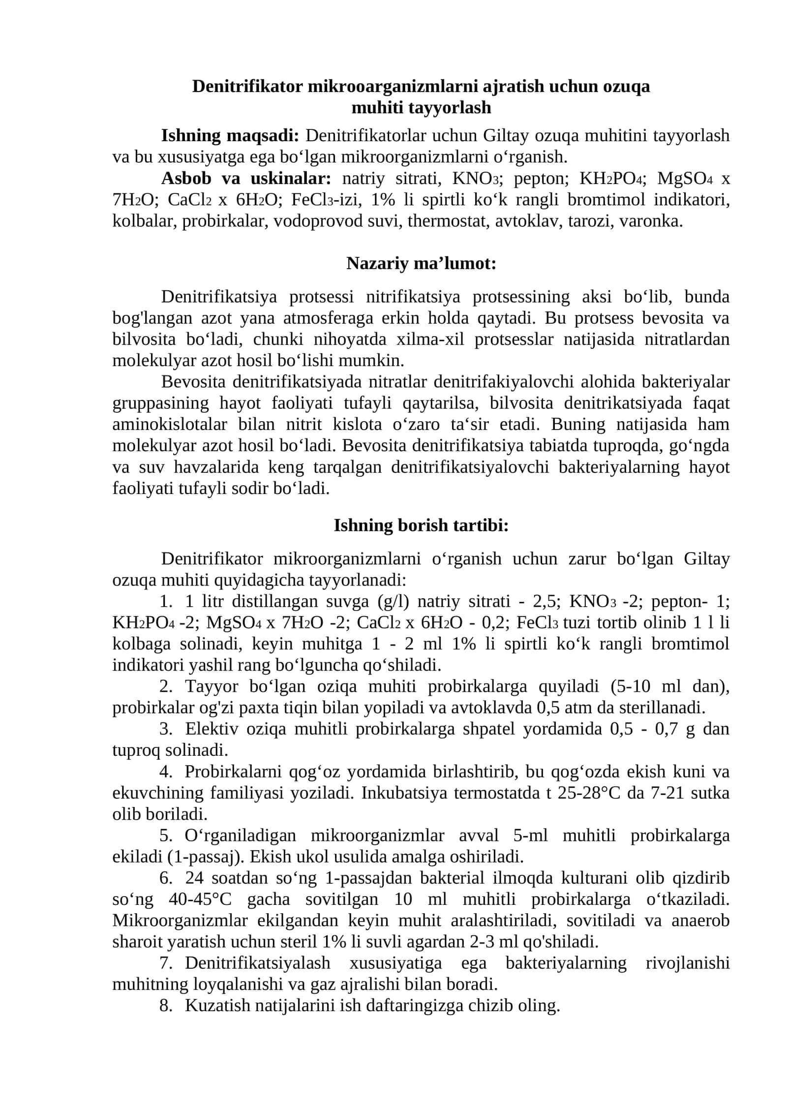 Denitrifikator mikrooarganizmlarni ajratish uchun ozuqa muhiti tayyorlash