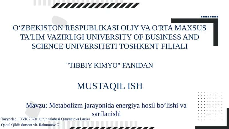 Metabolizm jarayonida energiya hosil bo’lishi va sarflanishi
