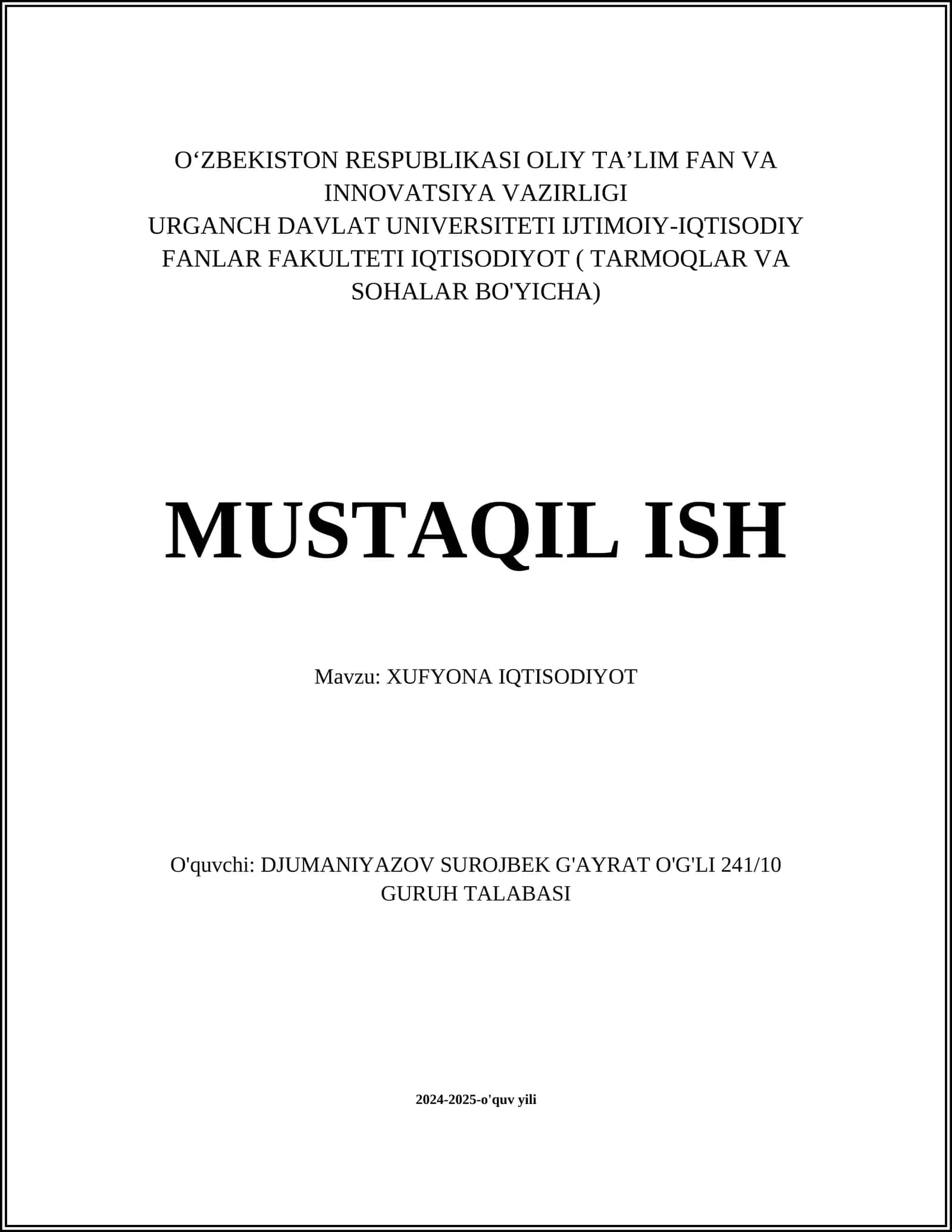 XUFYONA IQTISODIYOT