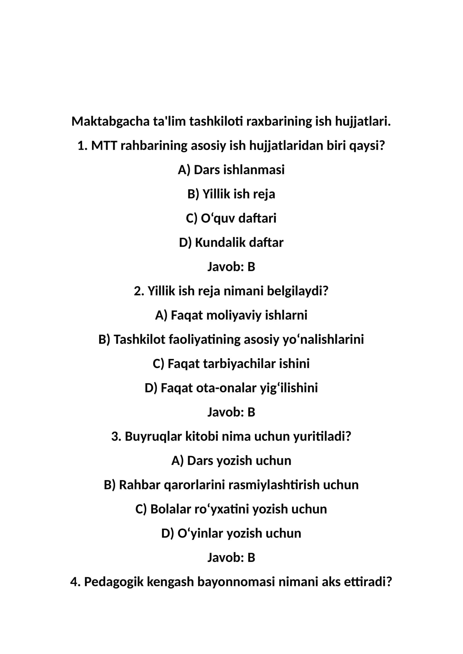 Maktabgacha ta'lim tashkiloti raxbarining ish hujjatlari