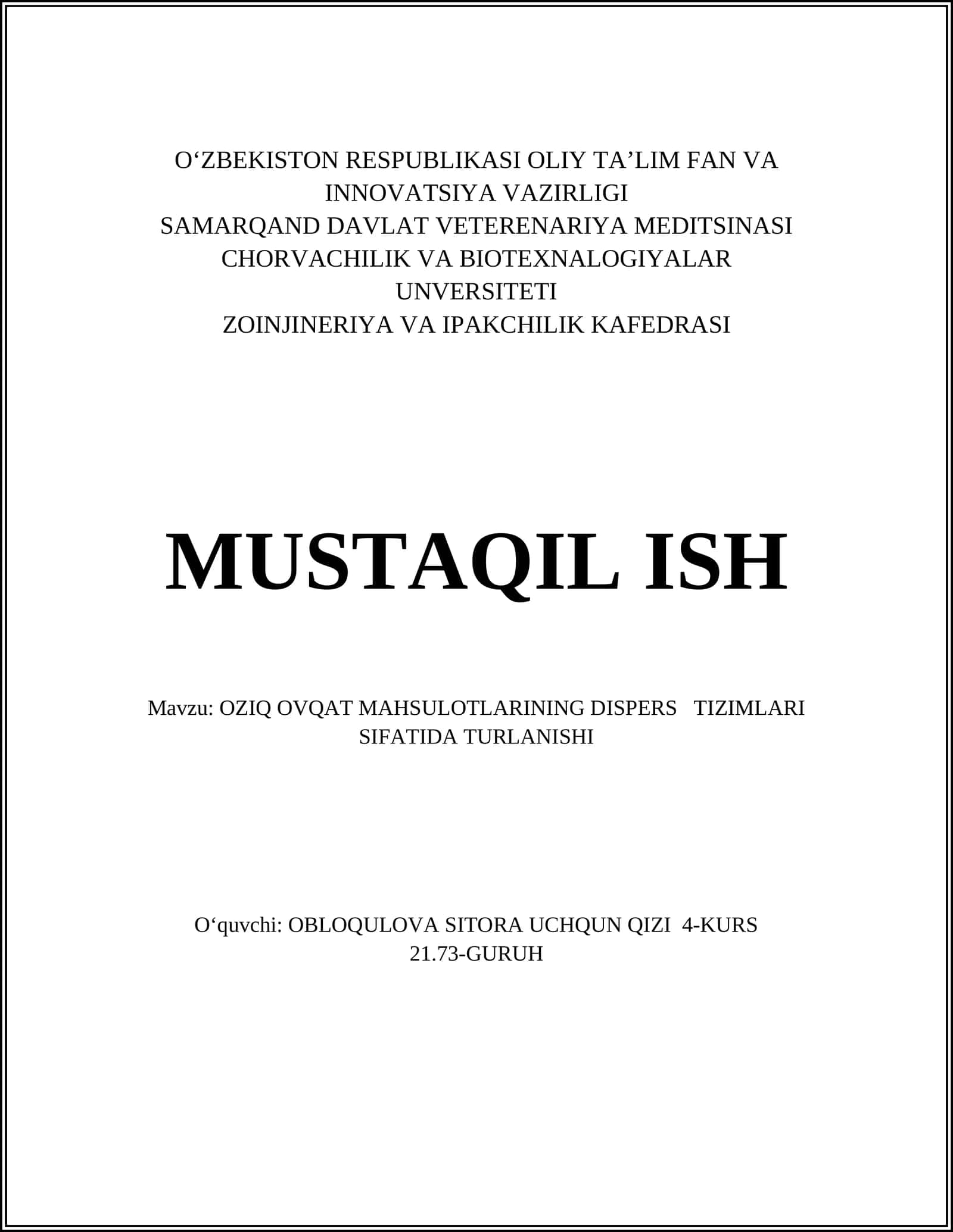 Oziq Ovqat Mahsulotlarining Dispers Tizimlari Sifatida Turlanishi