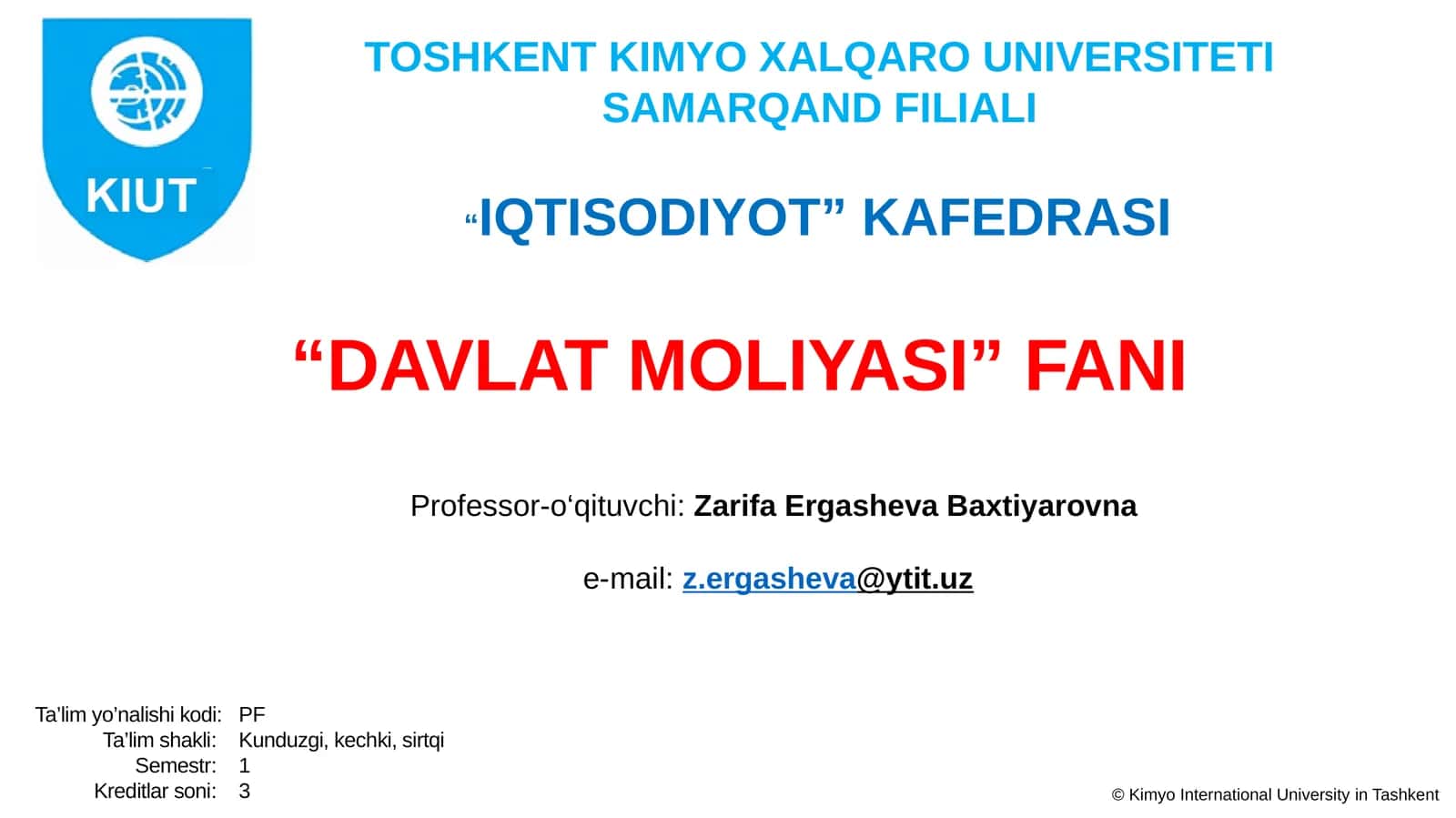 DAVLAT MOLIYASI FANI BO’YICHAO’QUV KURSINING SILLABUSI