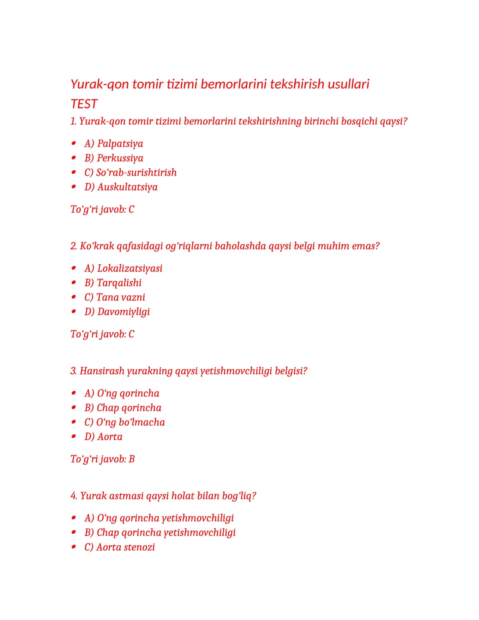 Yurak-qon tomir tizimi bemorlarini tekshirish usullari