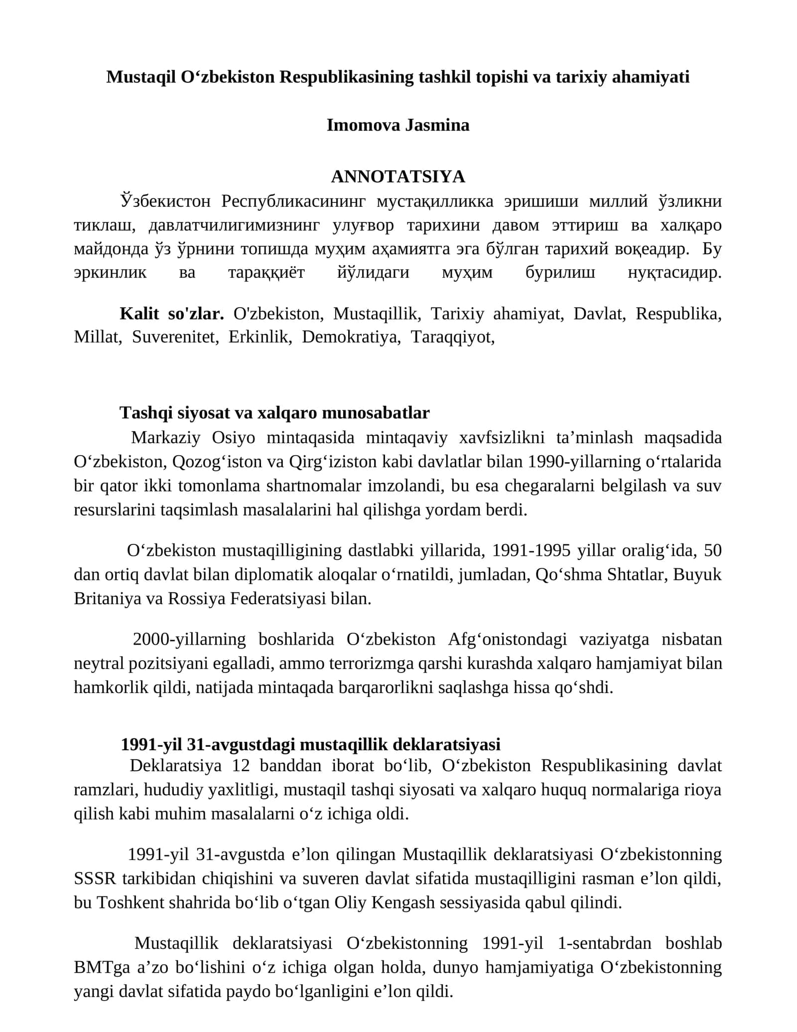 Mustaqil Oʻzbekiston Respublikasining tashkil topishi va tarixiy ahamiyati