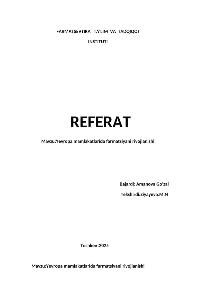 Yevropa mamlakatlarida farmatsiyani rivojlanishi
