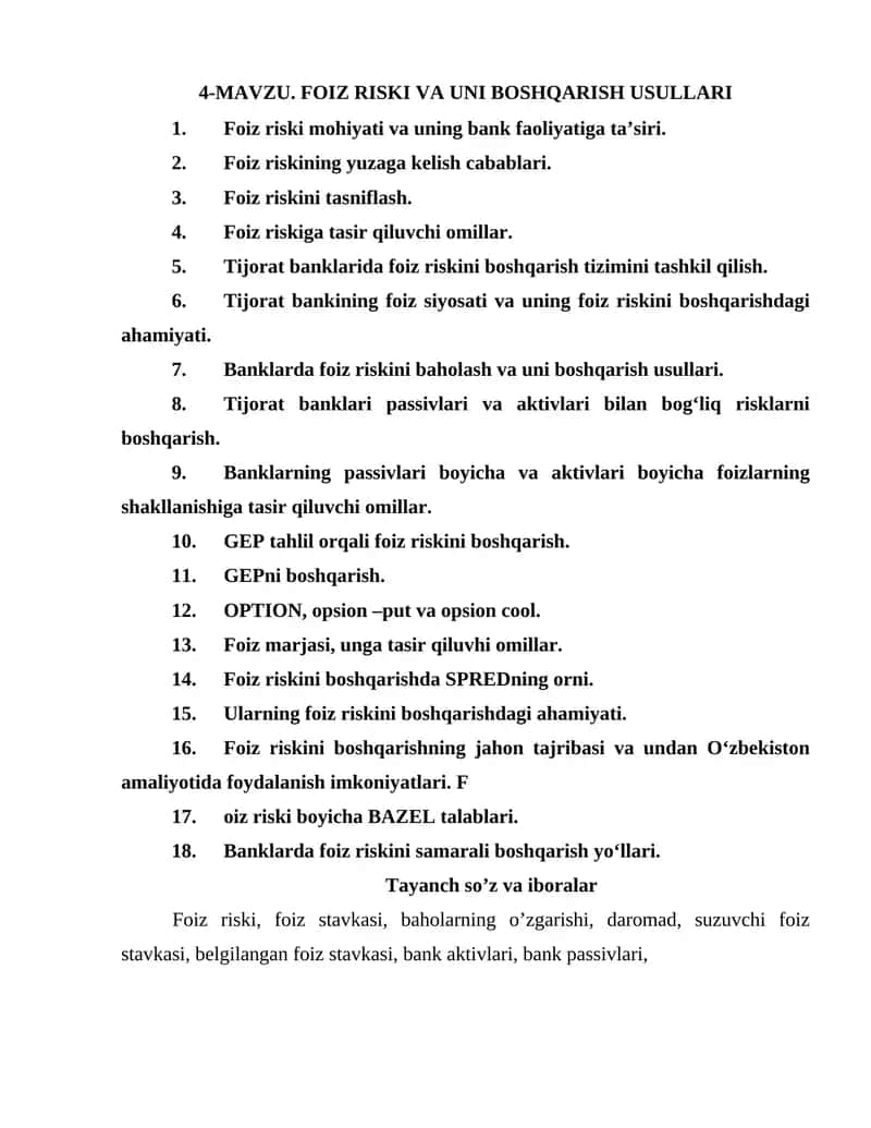 FOIZ RISKI VA UNI BOSHQARISH USULLARI