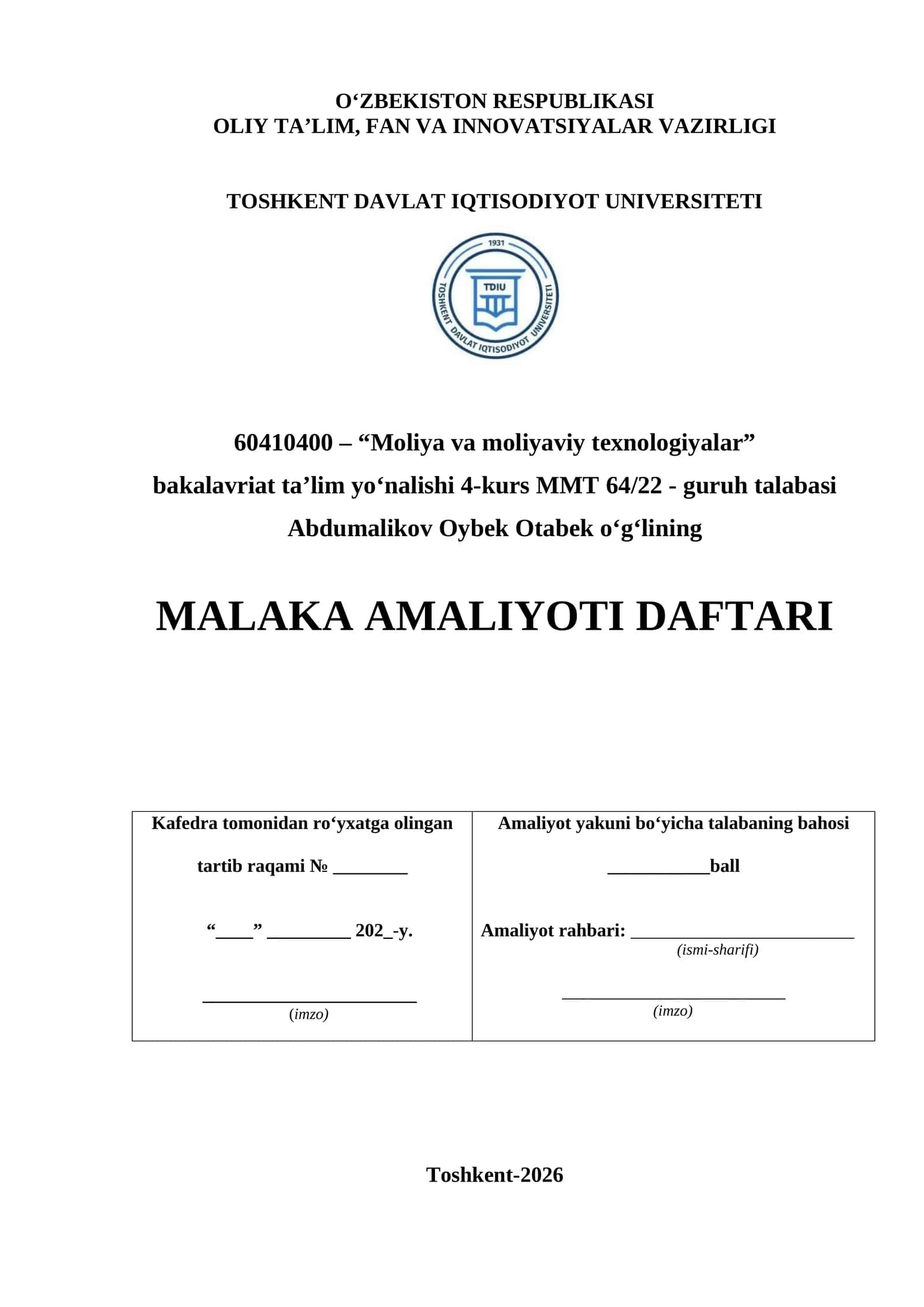 MALAKA AMALIYOTI DAFTARI