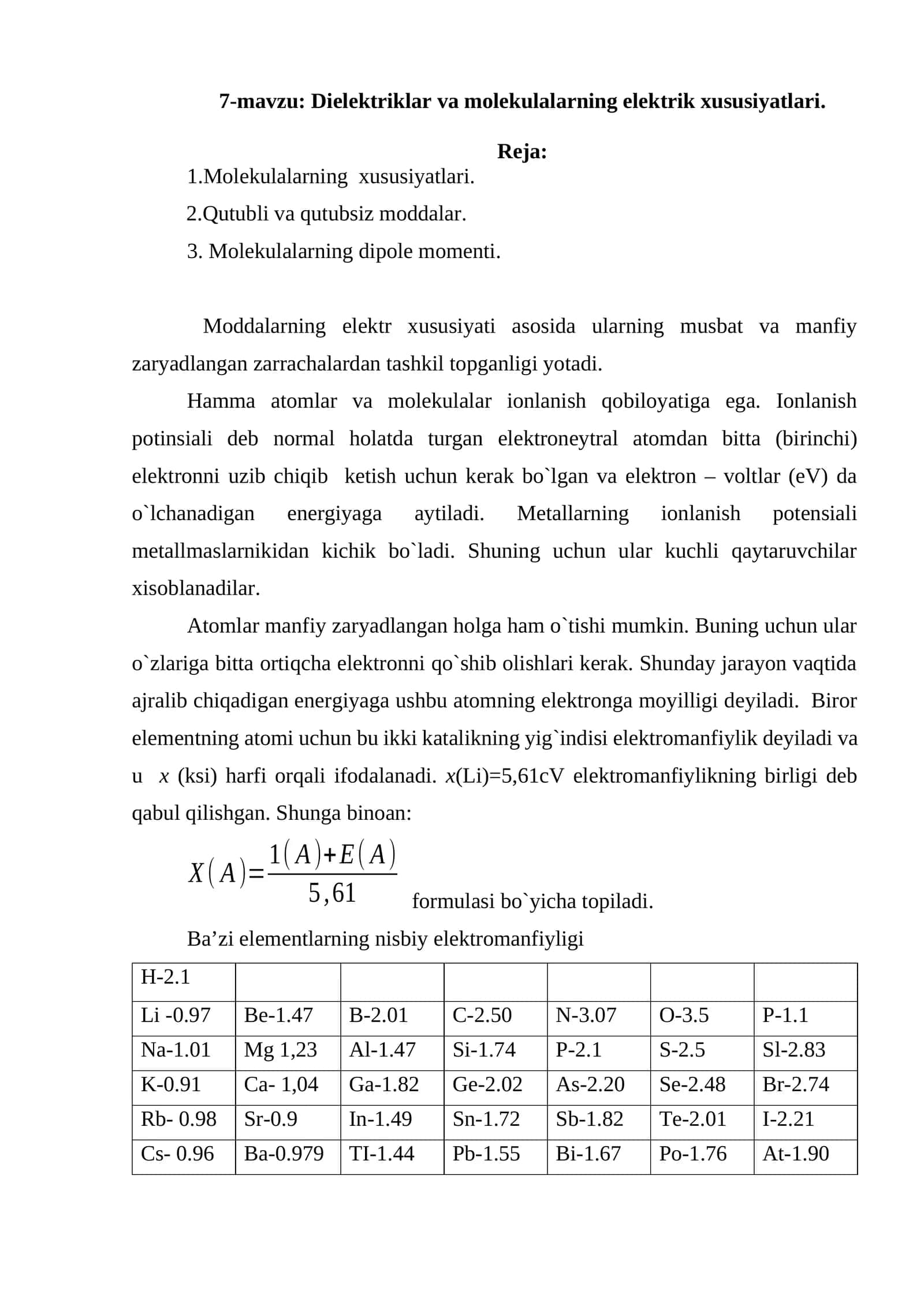 Dielektriklar va molekulalarning elektrik xususiyatlari