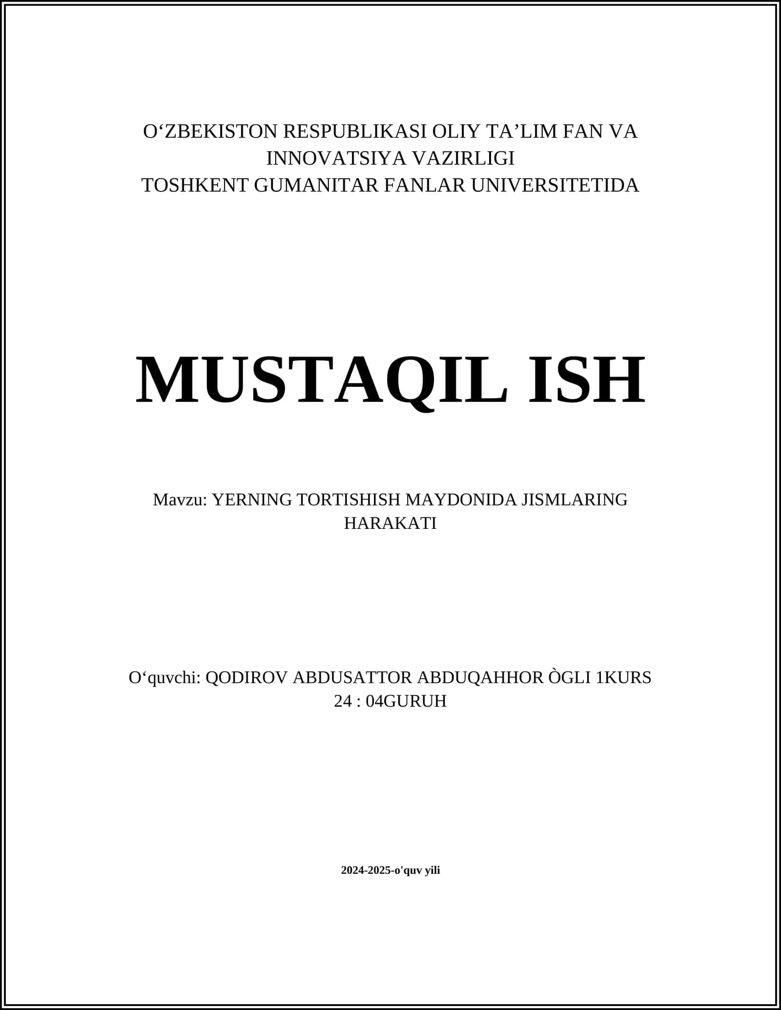 YERNING TORTISHISH MAYDONIDA JISMLARING HARAKATI