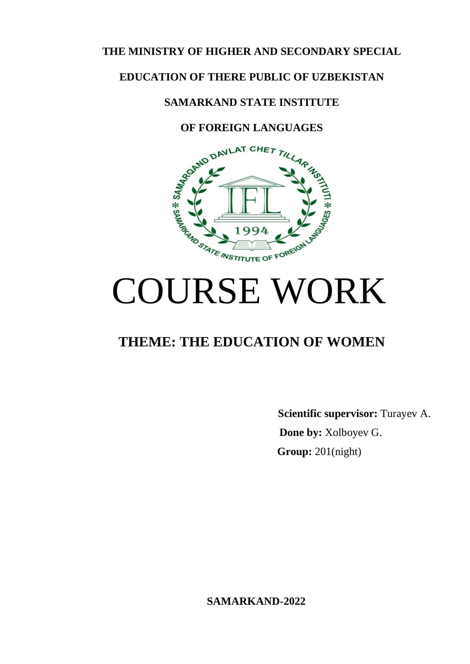 KURS ISHLARI: THE EDUCATION OF WOMEN