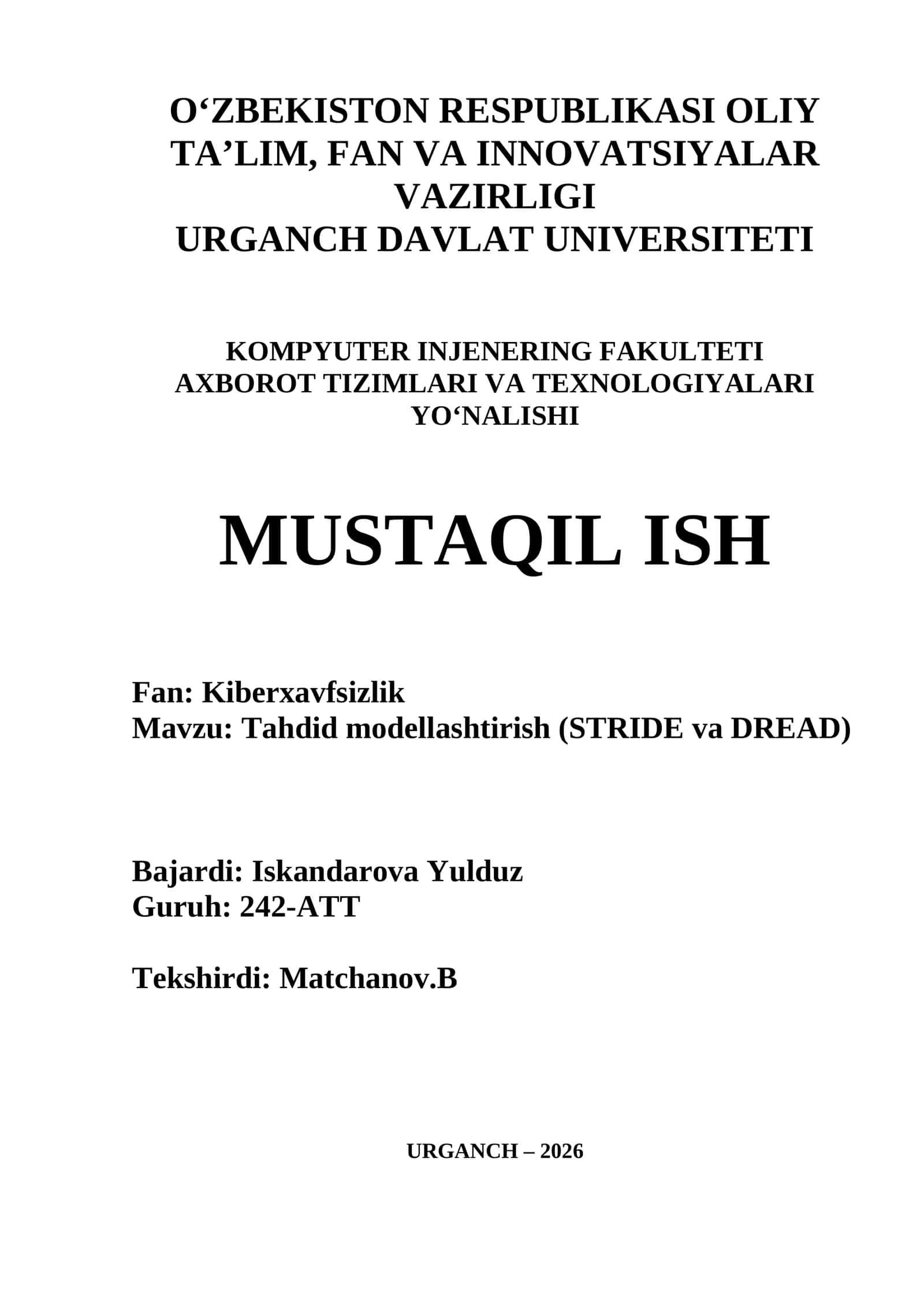 Tahdid modellashtirish (STRIDE va DREAD)