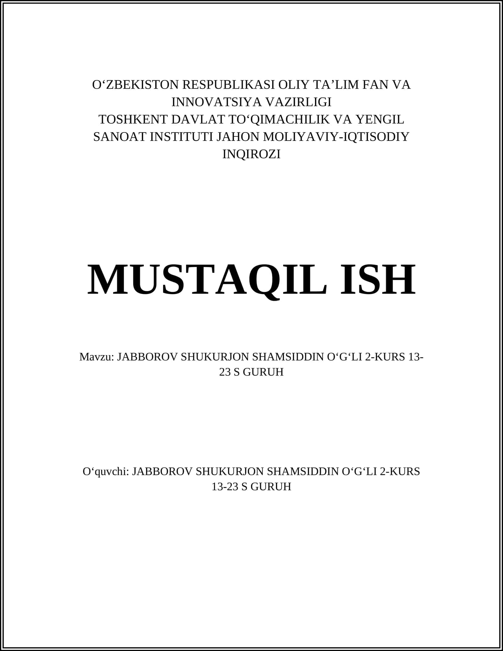 Jabbborov Shukurjonning ta'lim olishi haqida