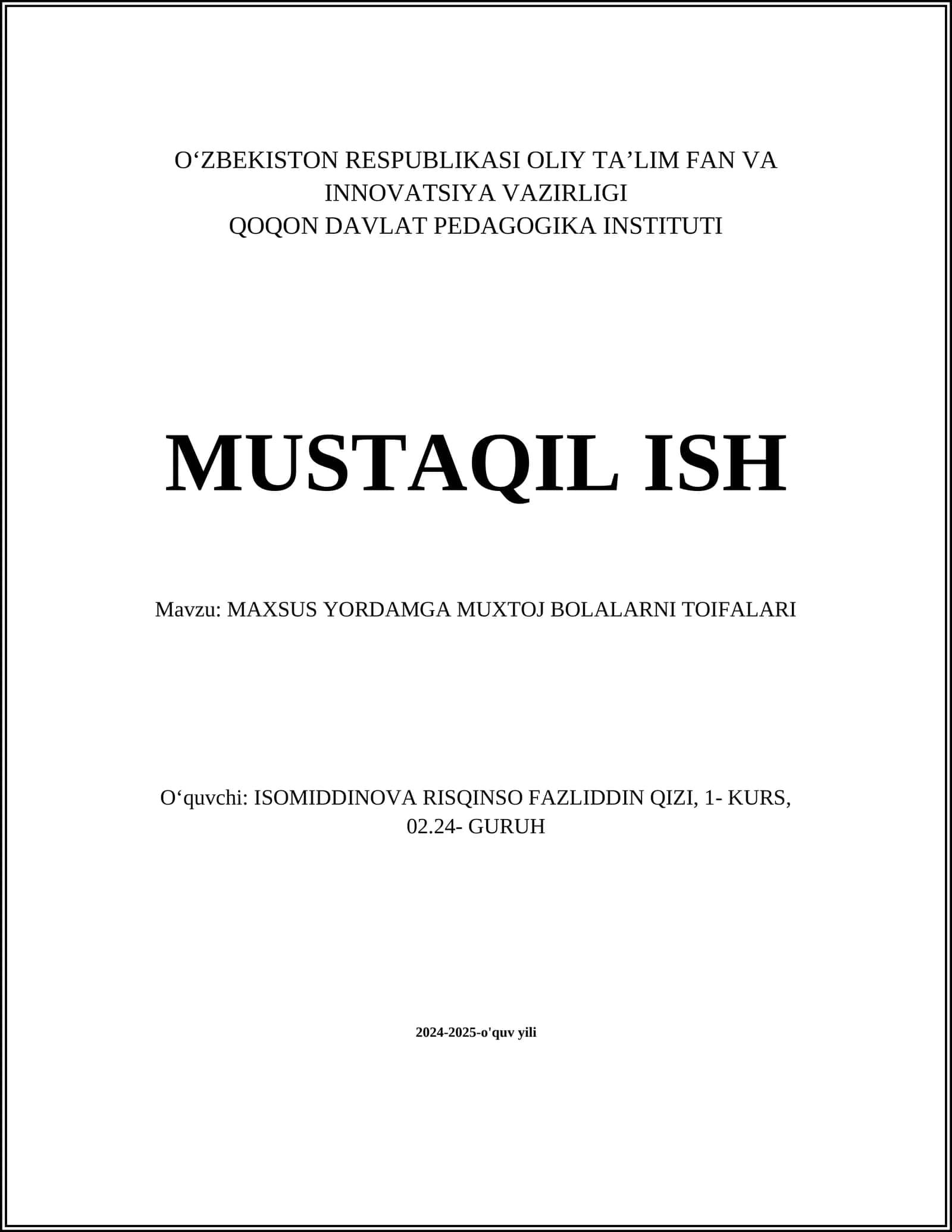 MAXSUS YORDAMGA MUXTOJ BOLALARNI TOIFALARI
