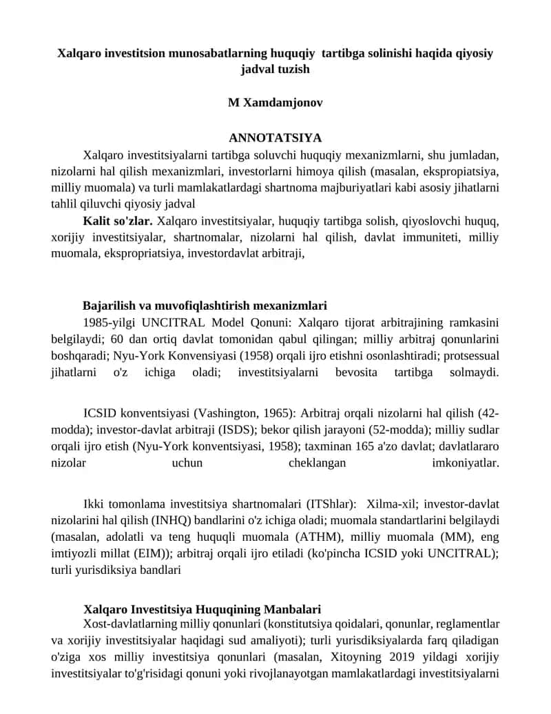 Xalqaro investitsion munosabatlarning huquqiy tartibga solinishi