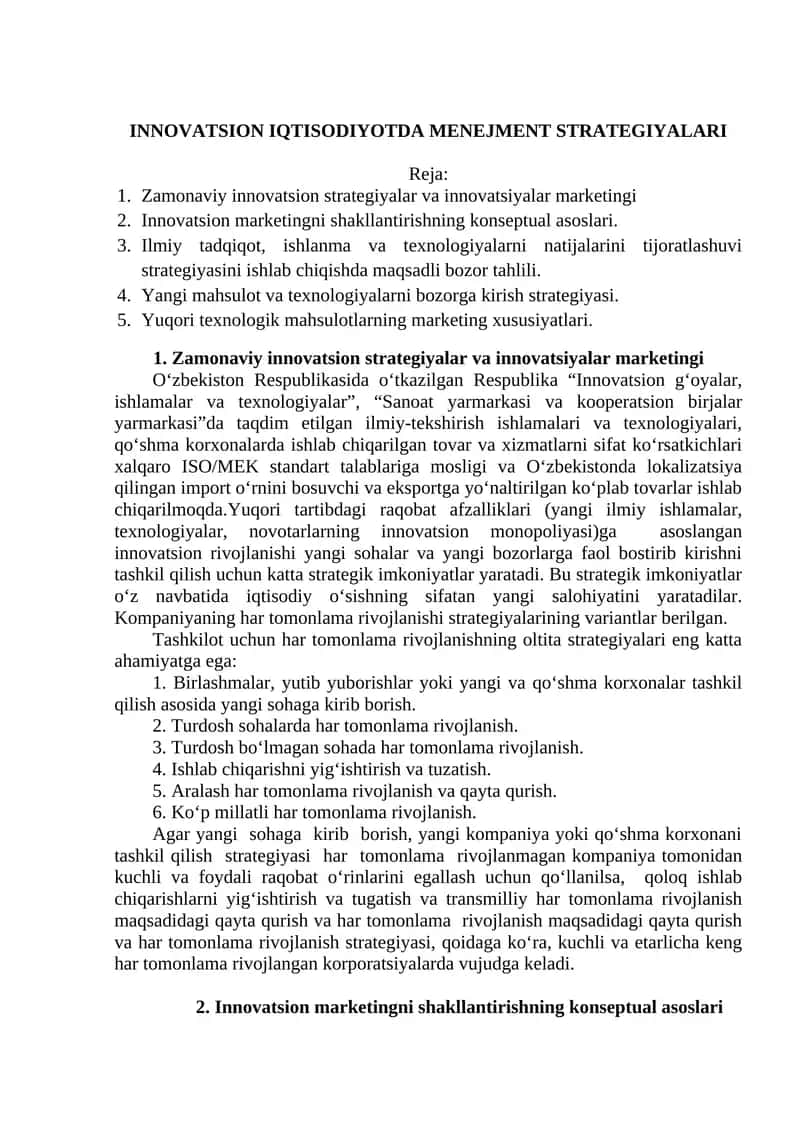 INNOVATSION IQTISODIYOTDA MENEJMENT STRATEGIYALARI