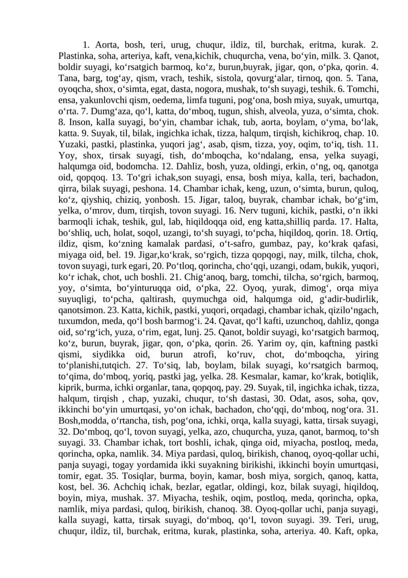 Tana, barg, tog‘ay, qism, vrach, teshik, sistola, qovurg‘alar, tirnoq, qon