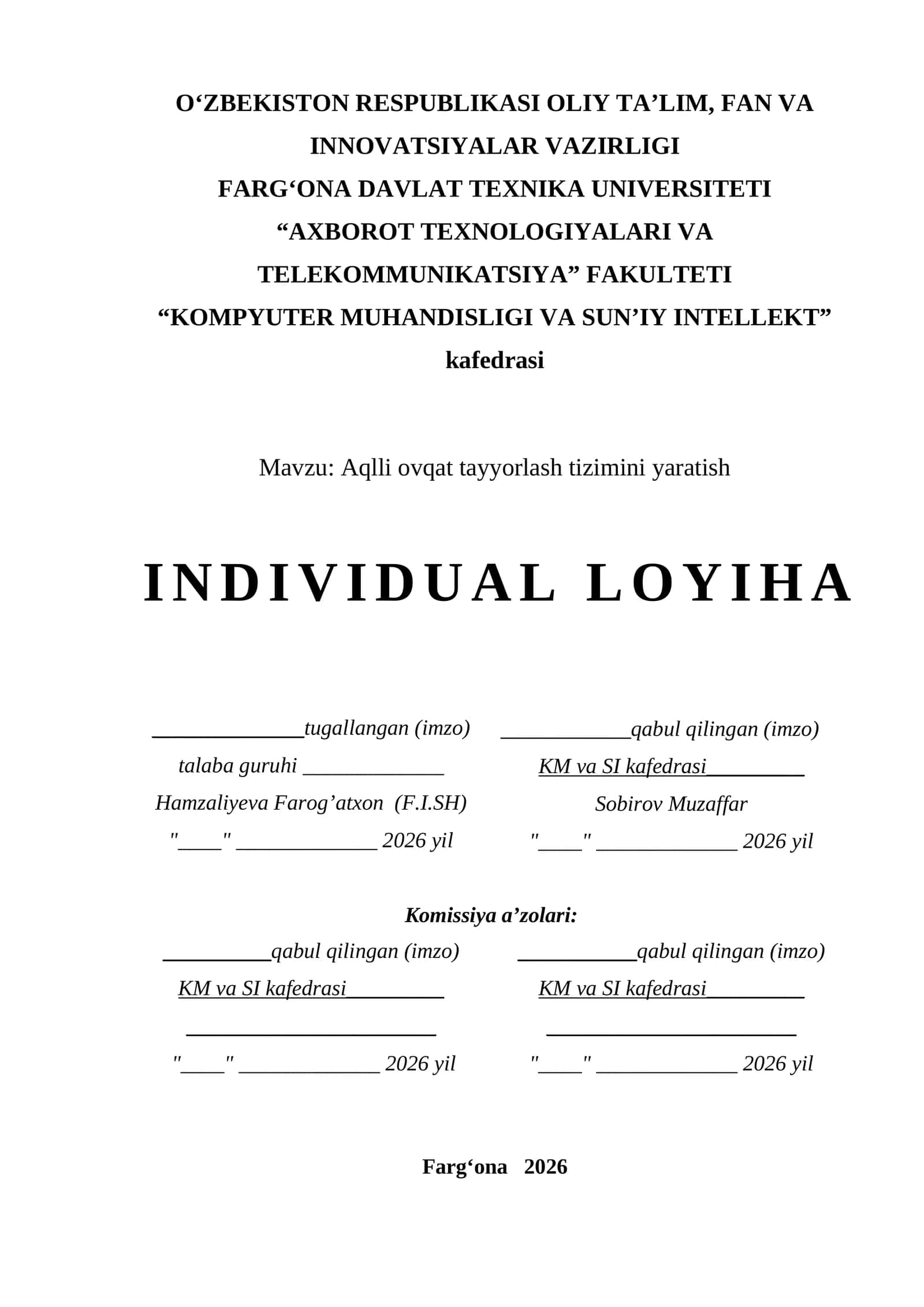 Aqlli ovqat tayyorlash tizimini yaratish