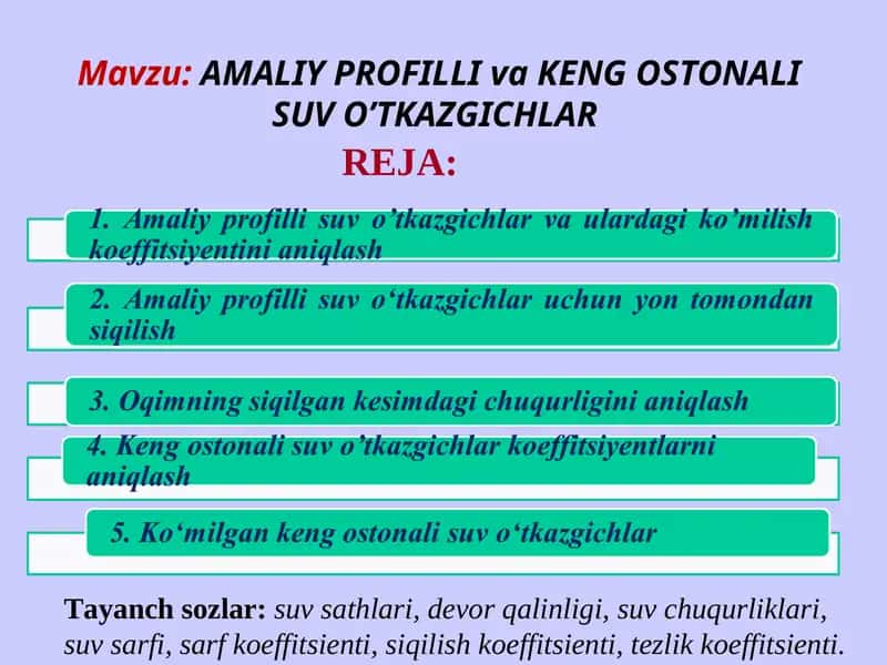 AMALIY PROFILLI va KENG OSTONALI SUV O’TKAZGICHLAR