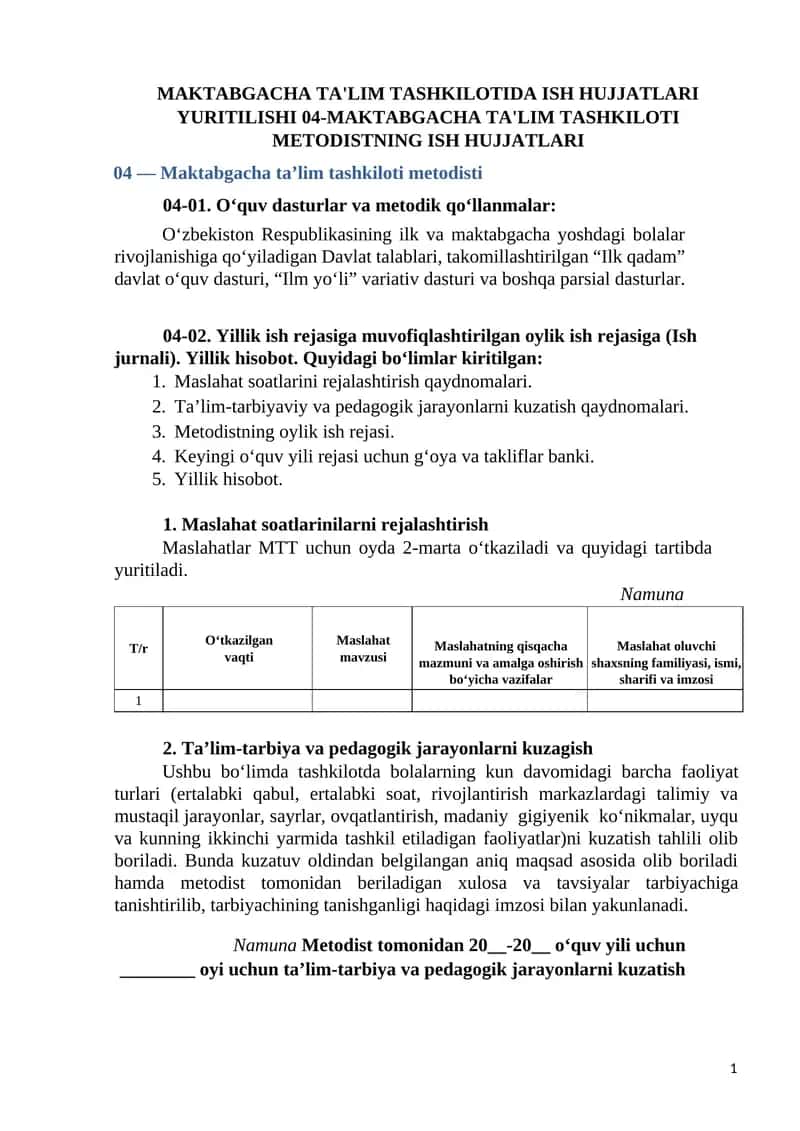 MAKTABGACHA TA'LIM TASHKILOTIDA ISH HUJJATLARI YURITILISHI 04-MAKTABGACHA TA'LIM TASHKILOTI METODISTNING ISH HUJJATLARI