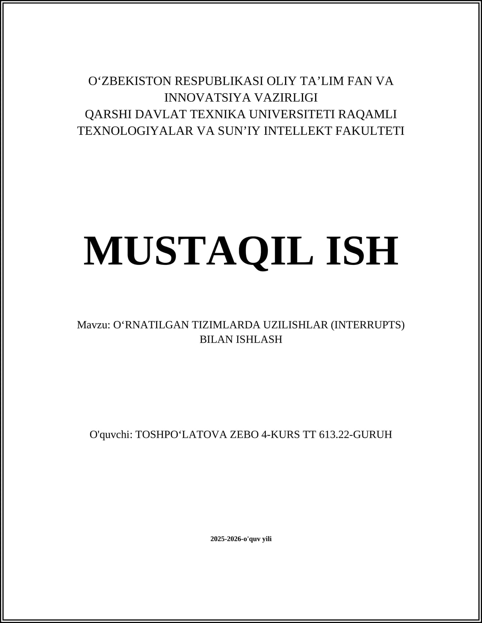 O‘RNATILGAN TIZIMLARDA UZILISHLAR (INTERRUPTS) BILAN ISHLASH