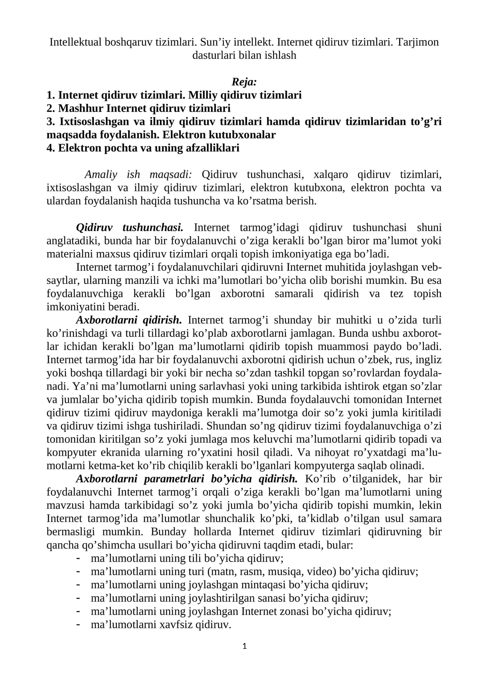 Intellektual boshqaruv tizimlari. Sun’iy intellekt. Internet qidiruv tizimlari. Tarjimon dasturlari bilan ishlash