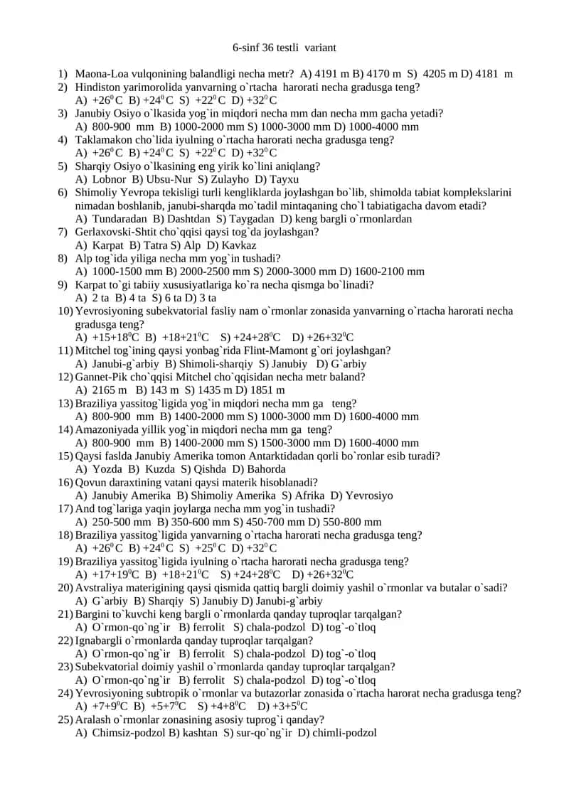 6-sinf 36 testli variant