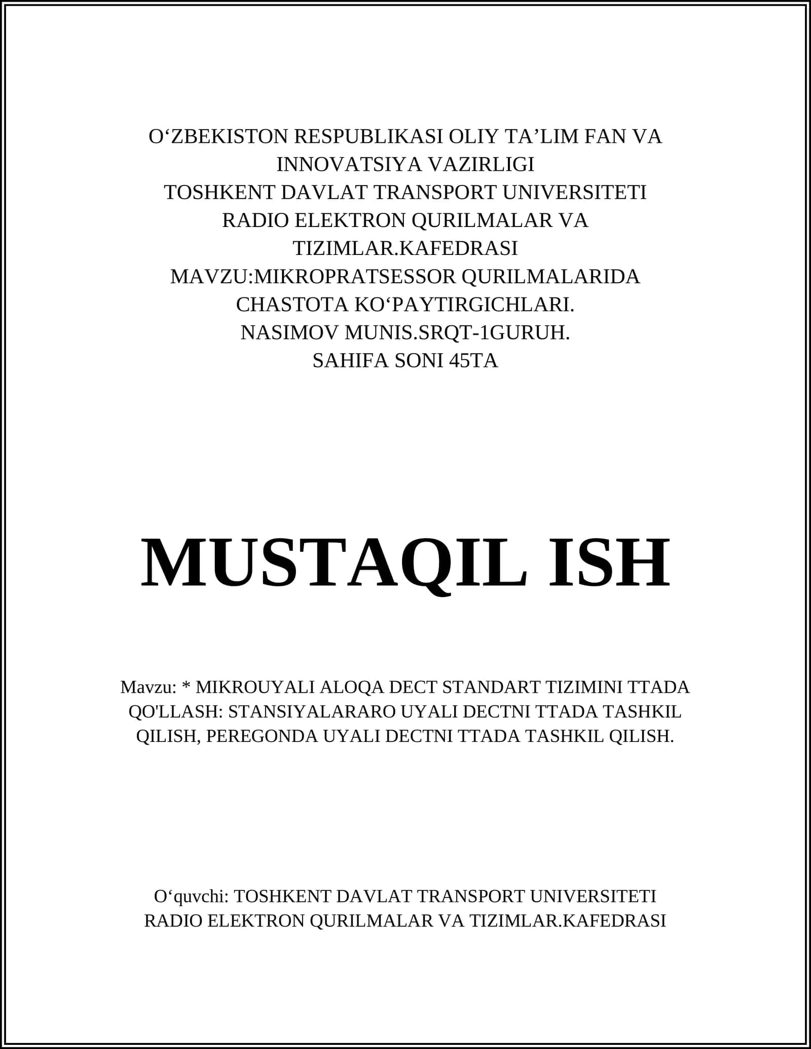 MIKROPRATSESSOR QURILMALARIDA CHASTOTA KO‘PAYTIRGICHLARI