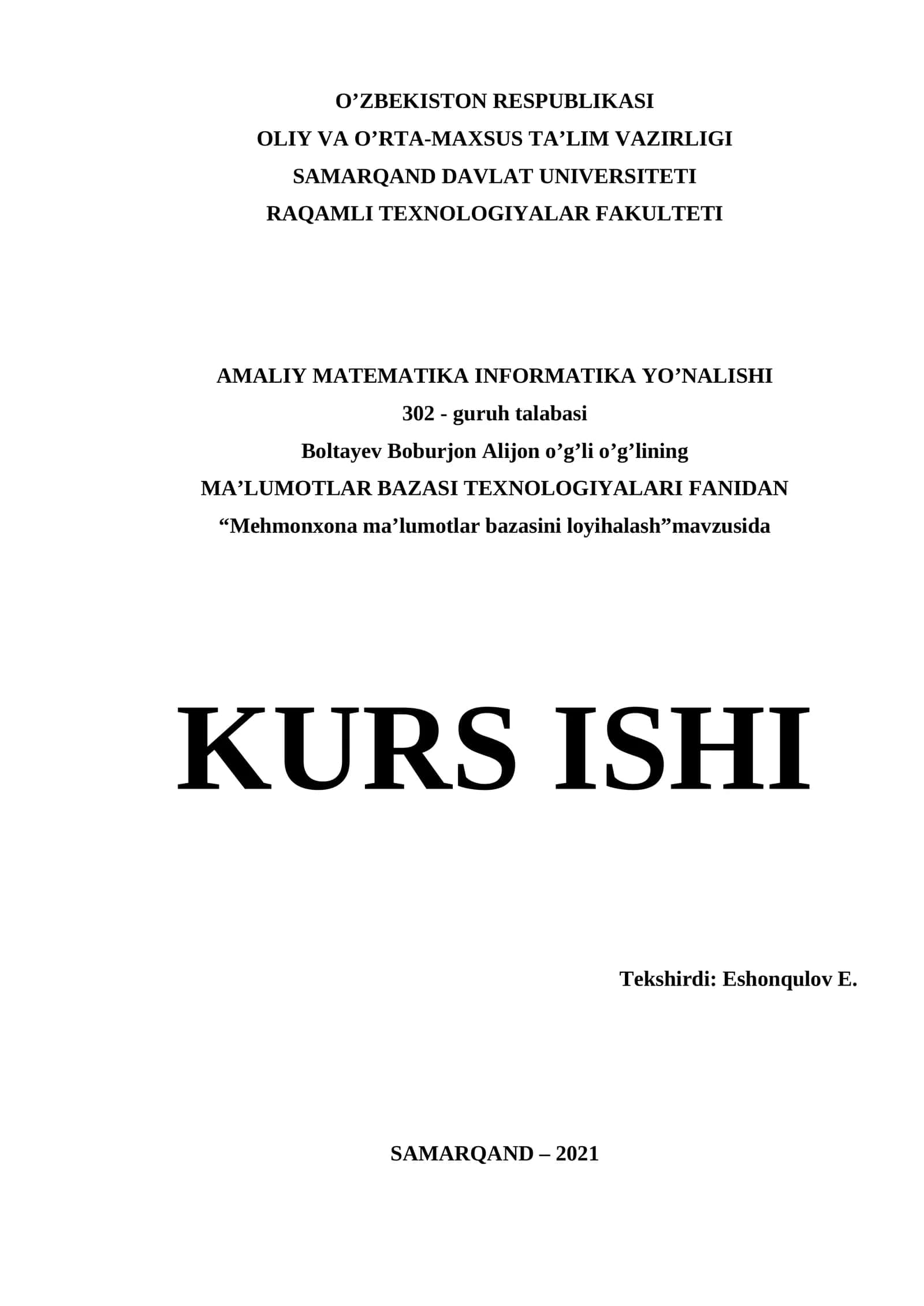 Mehmonxona ma’lumotlar bazasini loyihalash