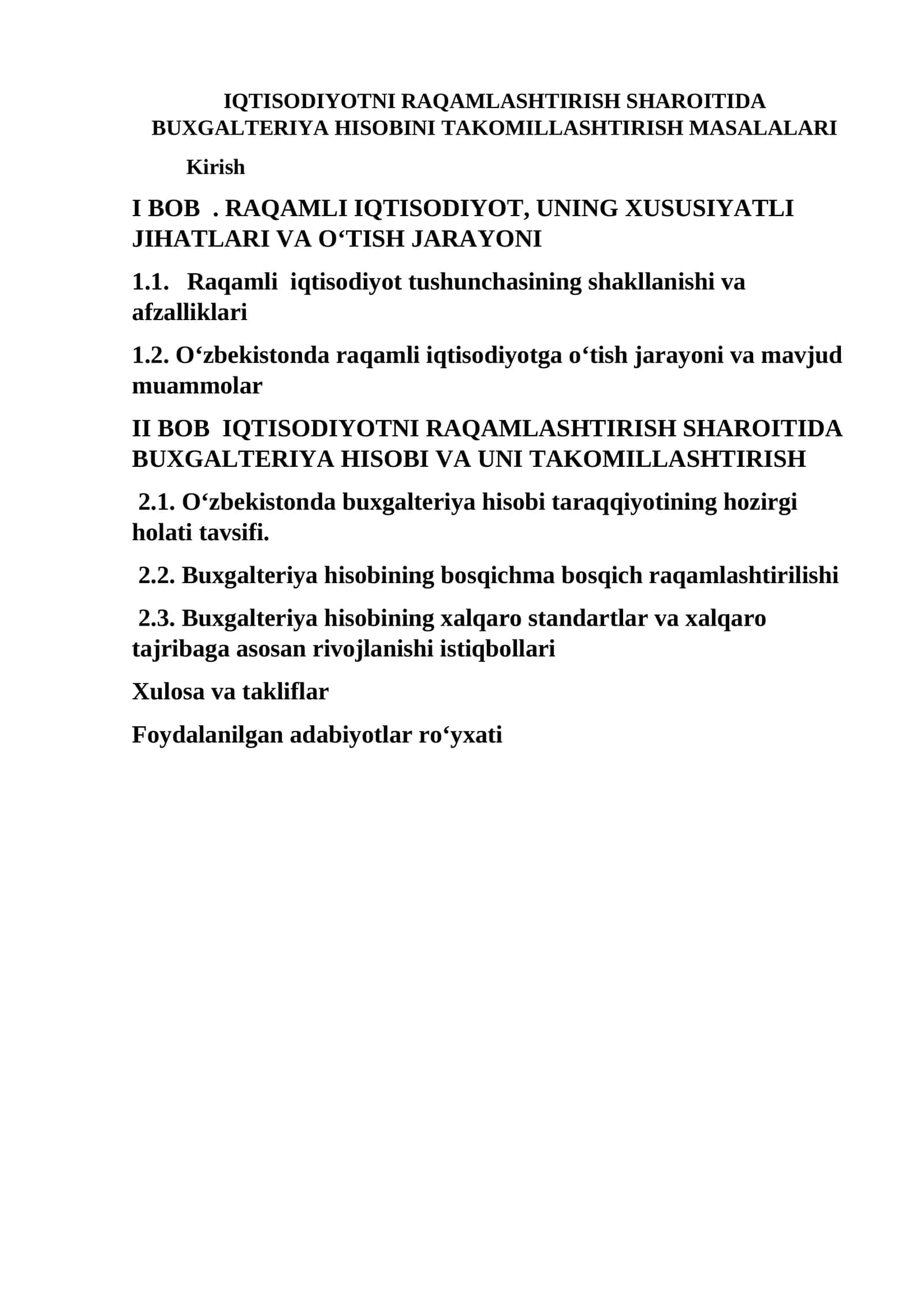 RAQAMLI IQTISODIYOTNI RAQAMLASHTIRISH SHAROITIDA BUXGALTERIYA HISOBINI TAKOMILLASHTIRISH MASALALARI