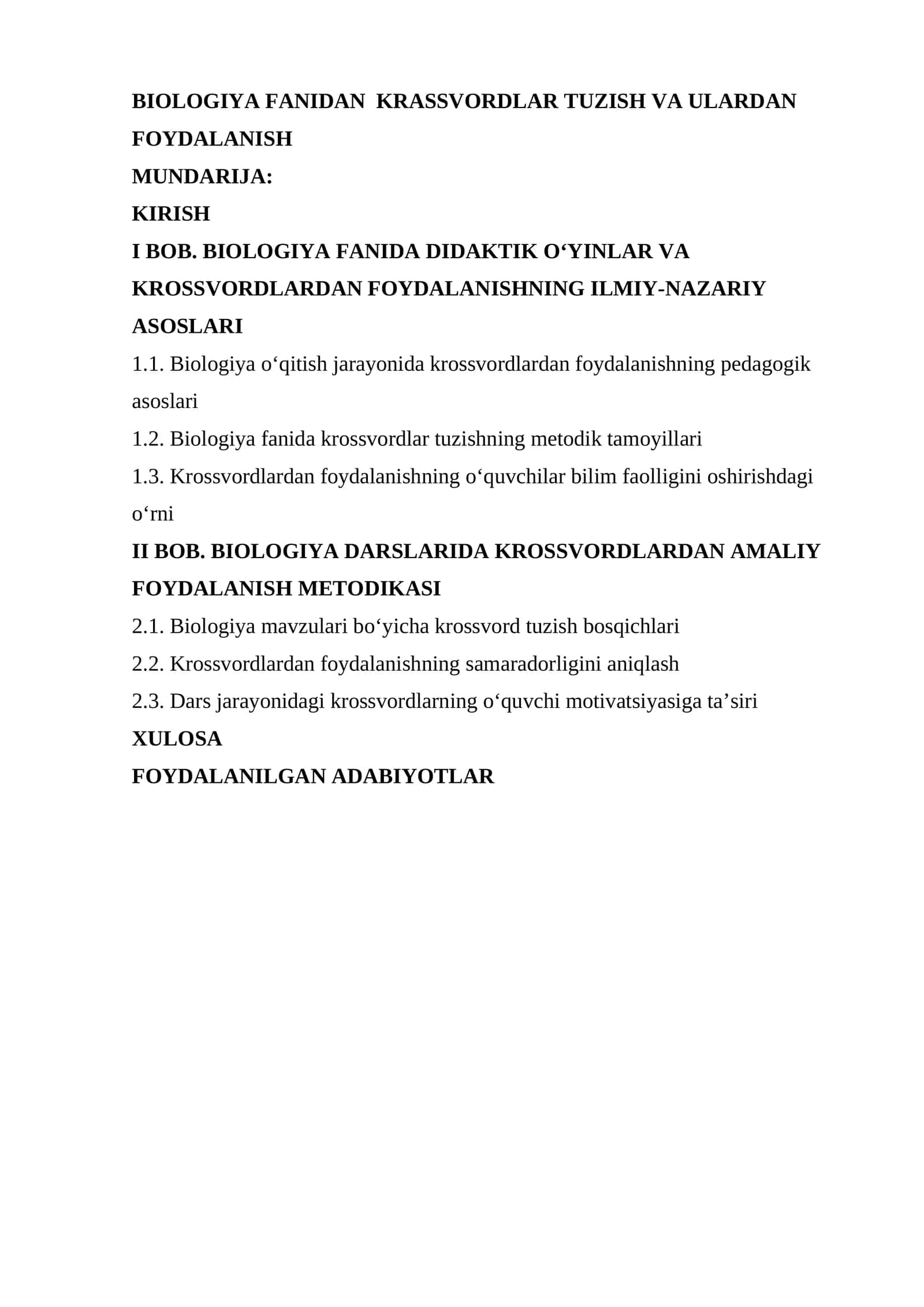 BIOLOGIYA FANIDAN KRASSVORDLAR TUZISH VA ULARDAN FOYDALANISH